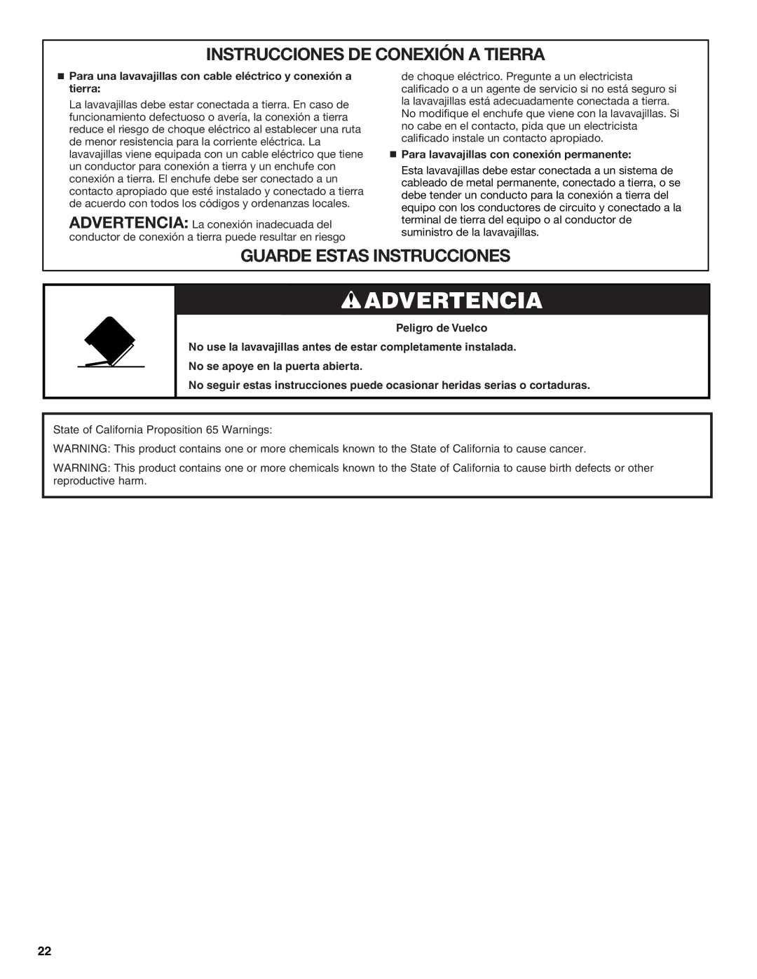 KitchenAid W10656164B warranty Instrucciones DE Conexión a Tierra, Para lavavajillas con conexión permanente 