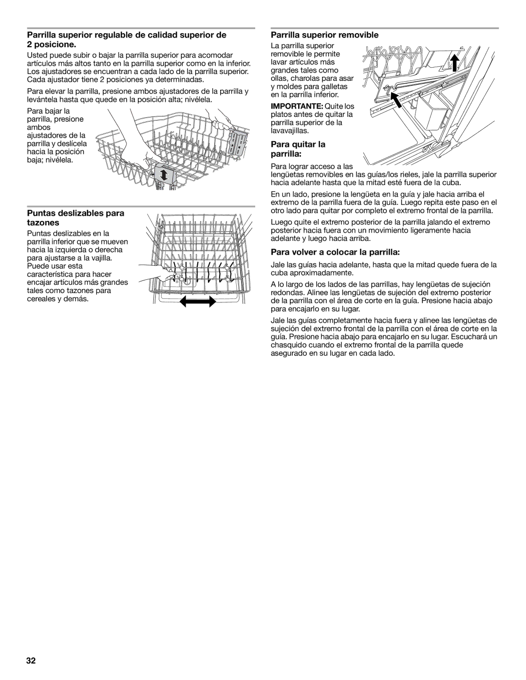 KitchenAid W10656164B warranty Puntas deslizables para tazones, Parrilla superior removible, Para quitar la parrilla 