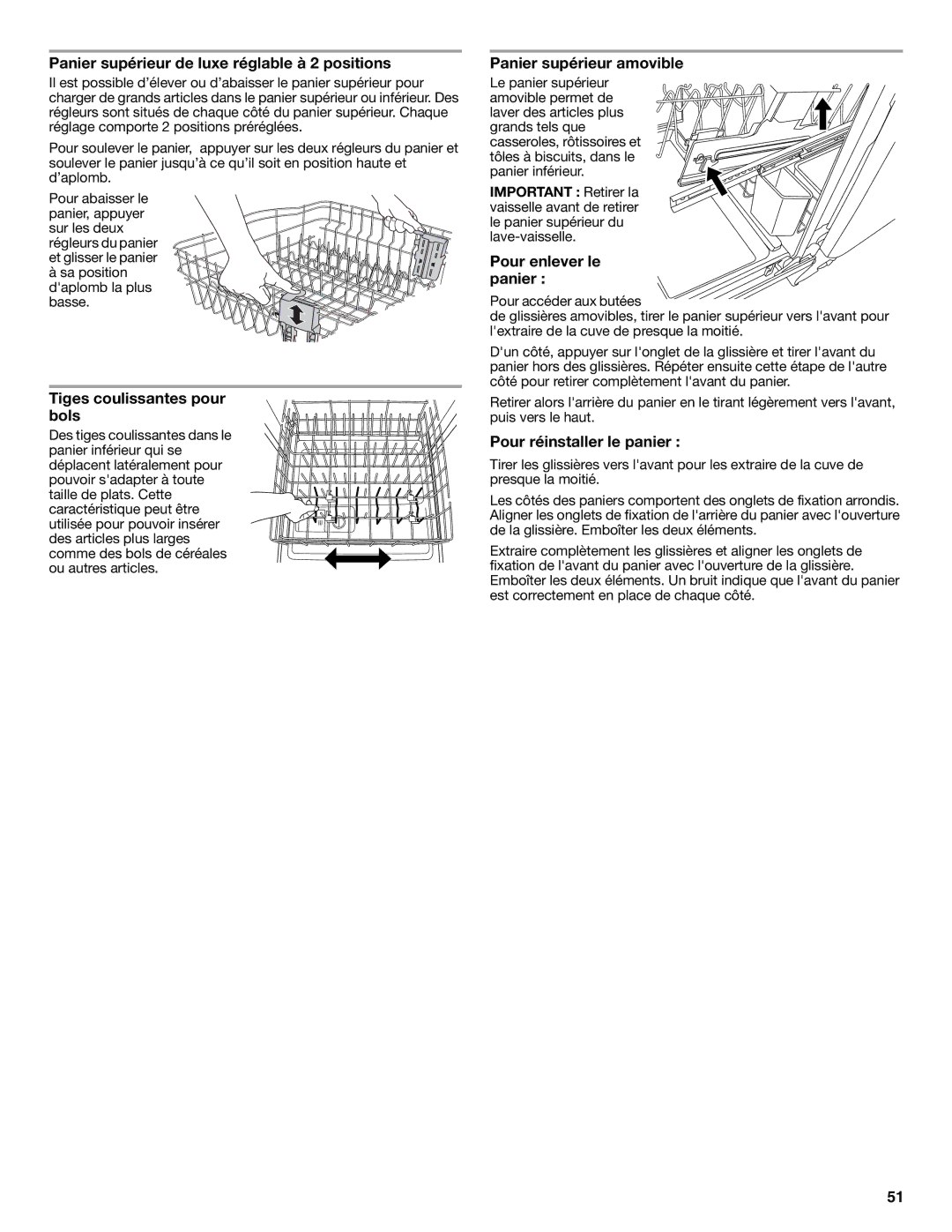 KitchenAid W10656164B warranty Panier supérieur de luxe réglable à 2 positions, Tiges coulissantes pour bols 