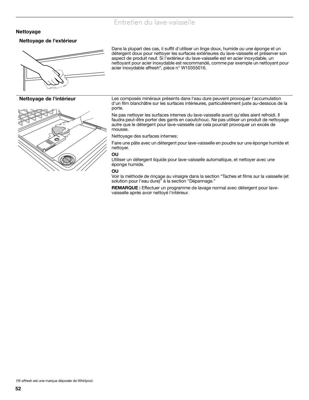 KitchenAid W10656164B Entretien du lave-vaisselle, Nettoyage Nettoyage de lextérieur, Nettoyage de lintérieur, Porte 