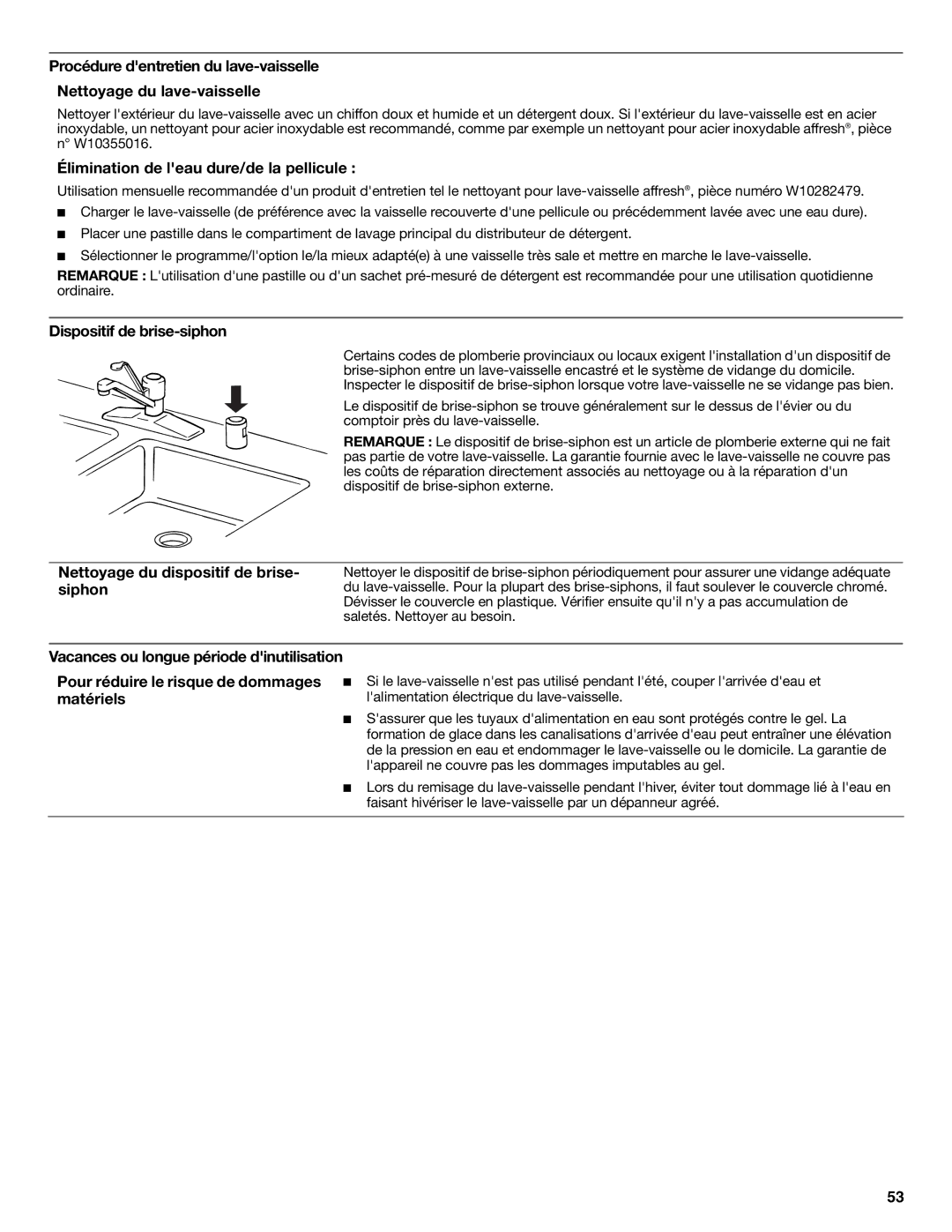 KitchenAid W10656164B warranty Élimination de leau dure/de la pellicule, Dispositif de brise-siphon 