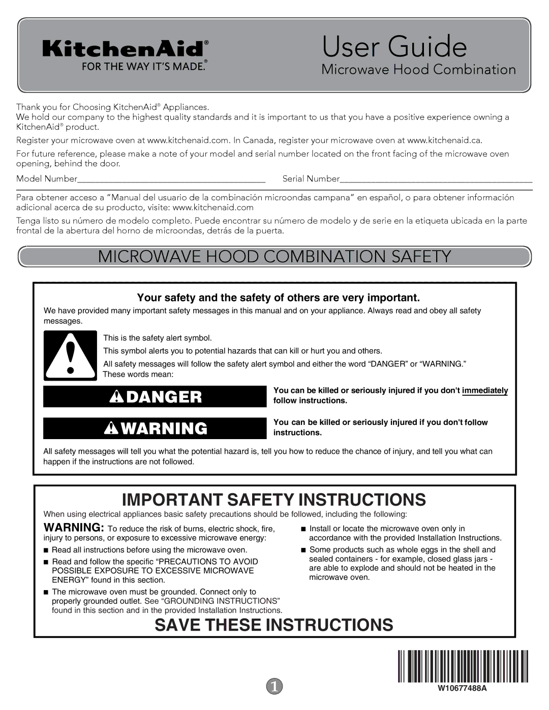 KitchenAid W10677488A important safety instructions Microwave Hood Combination Safety, Important Safety Instructions 