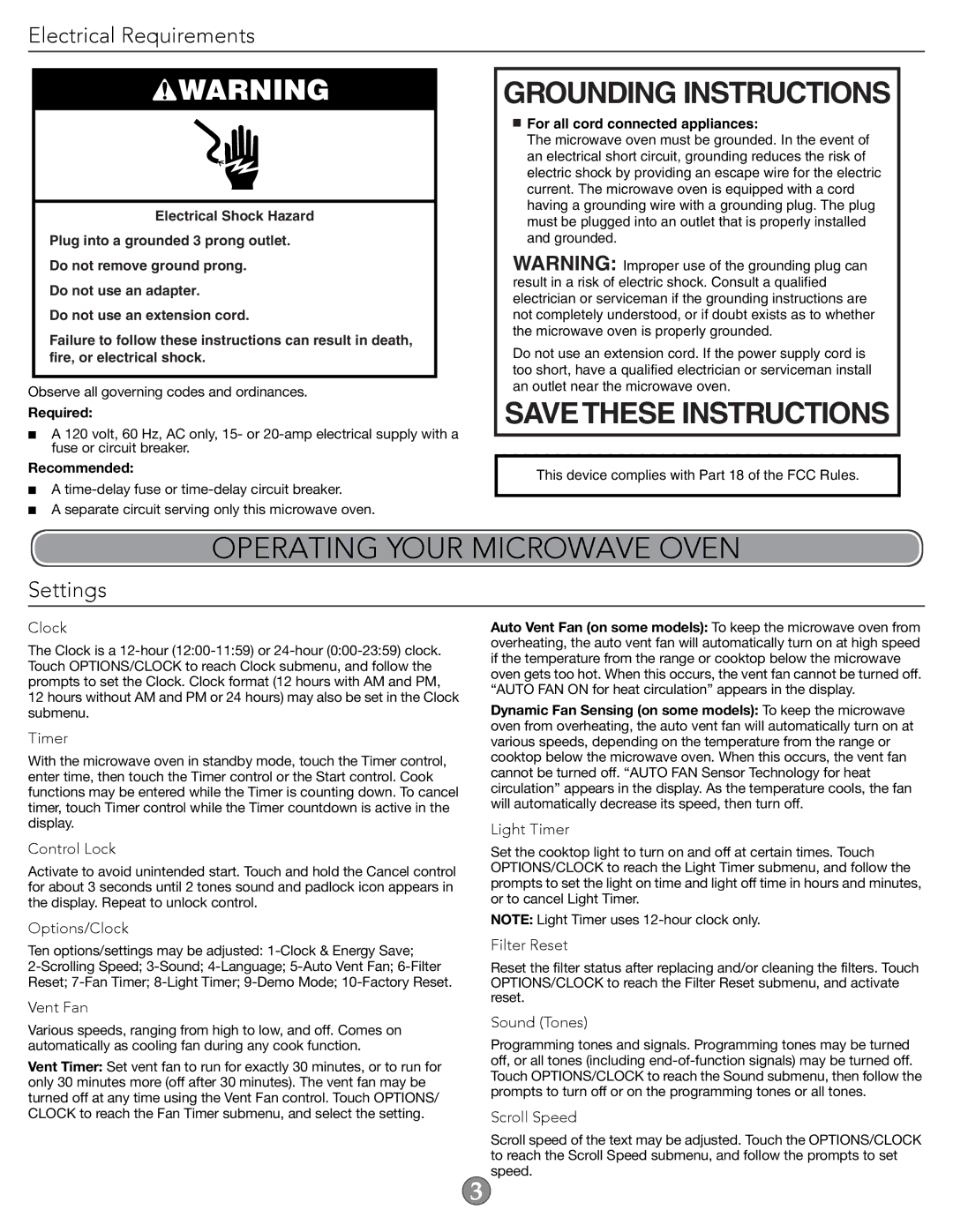 KitchenAid W10677488A Grounding Instructions, Operating Your Microwave Oven, Electrical Requirements, Settings 