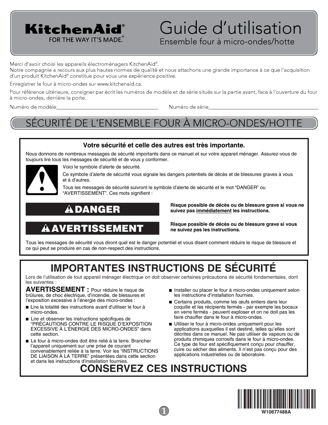 KitchenAid W10677488A Sécurité DE L’ENSEMBLE Four À MICRO-ONDES/HOTTE, Importantes Instructions DE Sécurité 