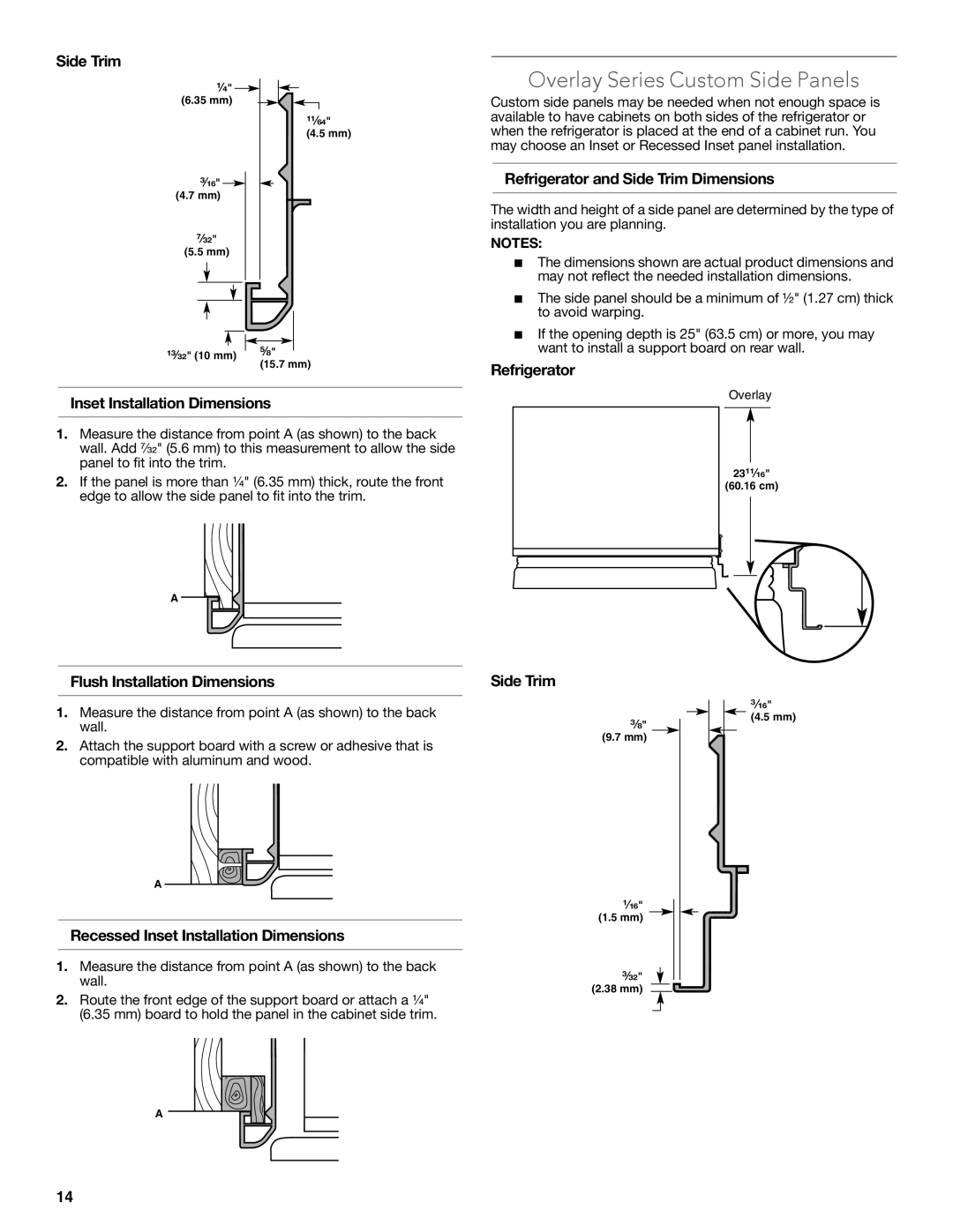 KitchenAid W10681447A manual Overlay Series Custom Side Panels, Side Trim, Inset Installation Dimensions 