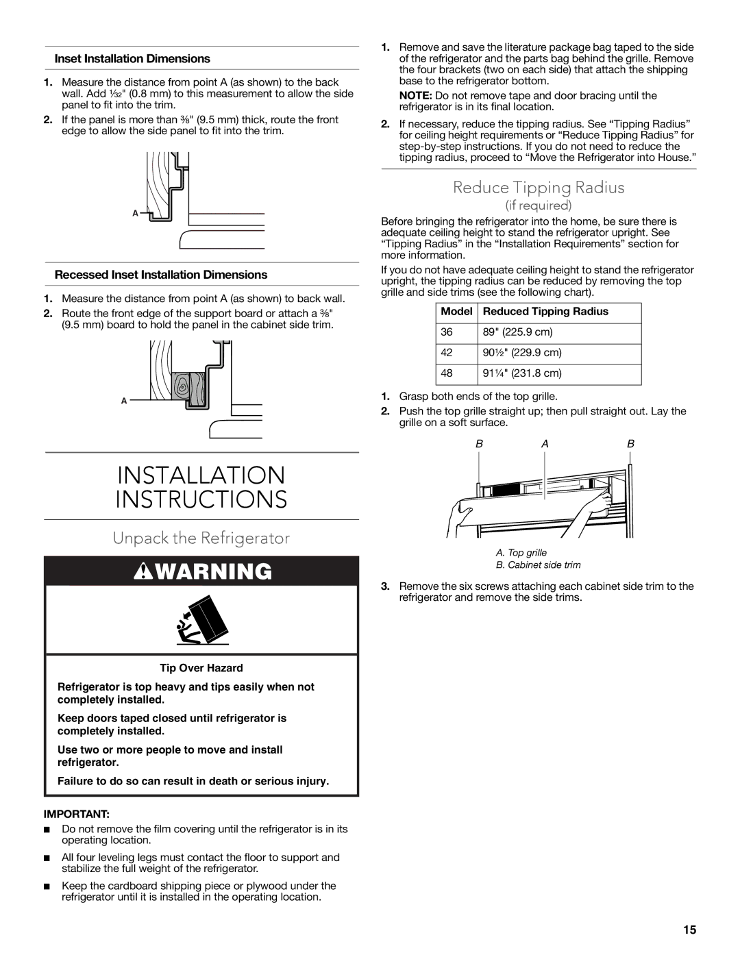 KitchenAid W10681447A manual Installation Instructions, Unpack the Refrigerator, Reduce Tipping Radius 