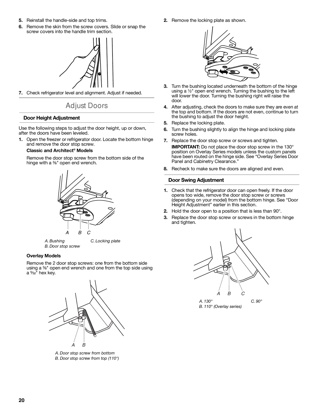 KitchenAid W10681447A manual Adjust Doors, Door Height Adjustment, Door Swing Adjustment, Classic and Architect Models 