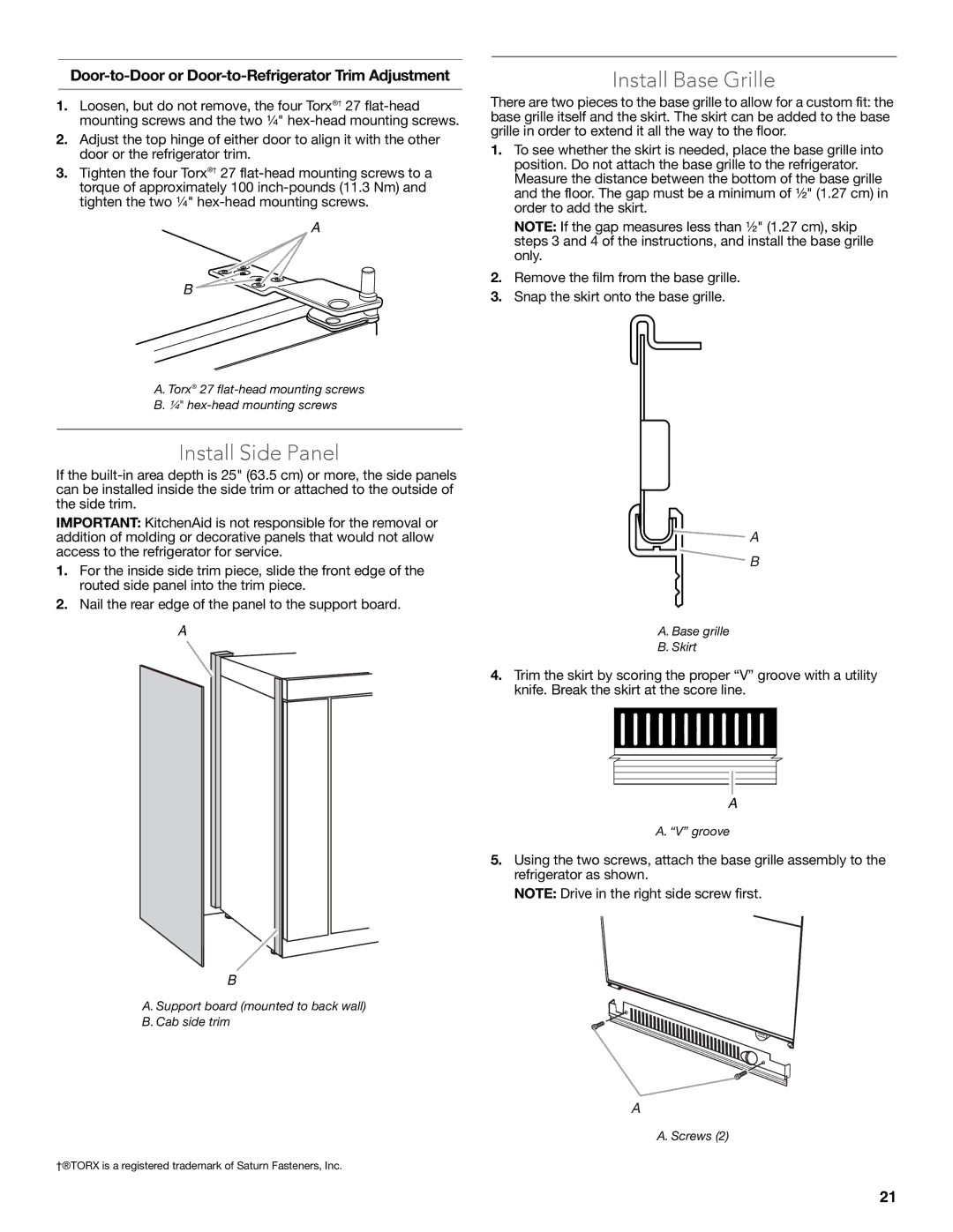 KitchenAid W10681447A manual Install Side Panel, Install Base Grille, Door-to-Door or Door-to-Refrigerator Trim Adjustment 