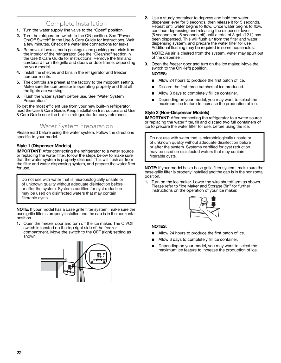 KitchenAid W10681447A manual Complete Installation, Water System Preparation, Style 1 Dispenser Models 