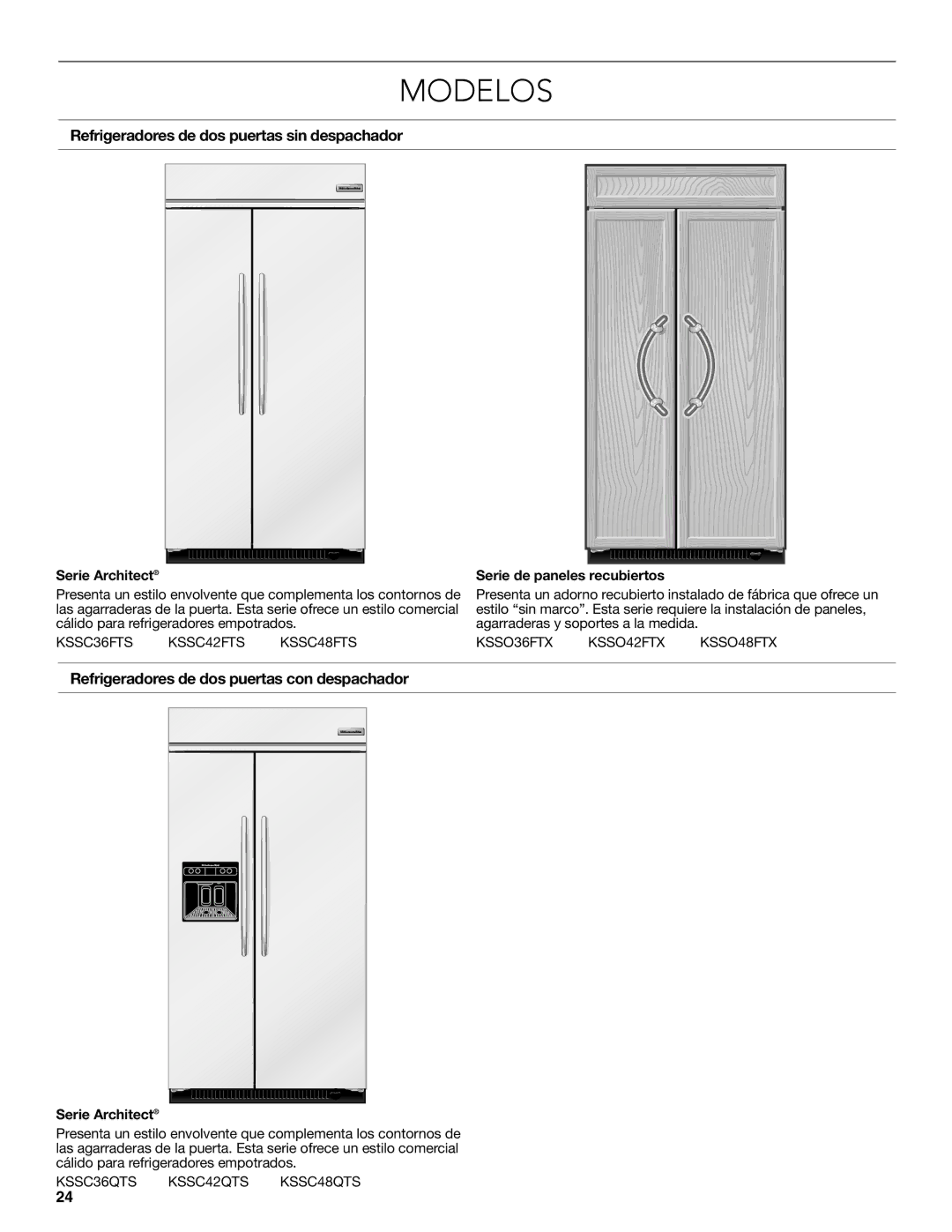 KitchenAid W10681447A manual Modelos, Refrigeradores de dos puertas sin despachador, Serie Architect 