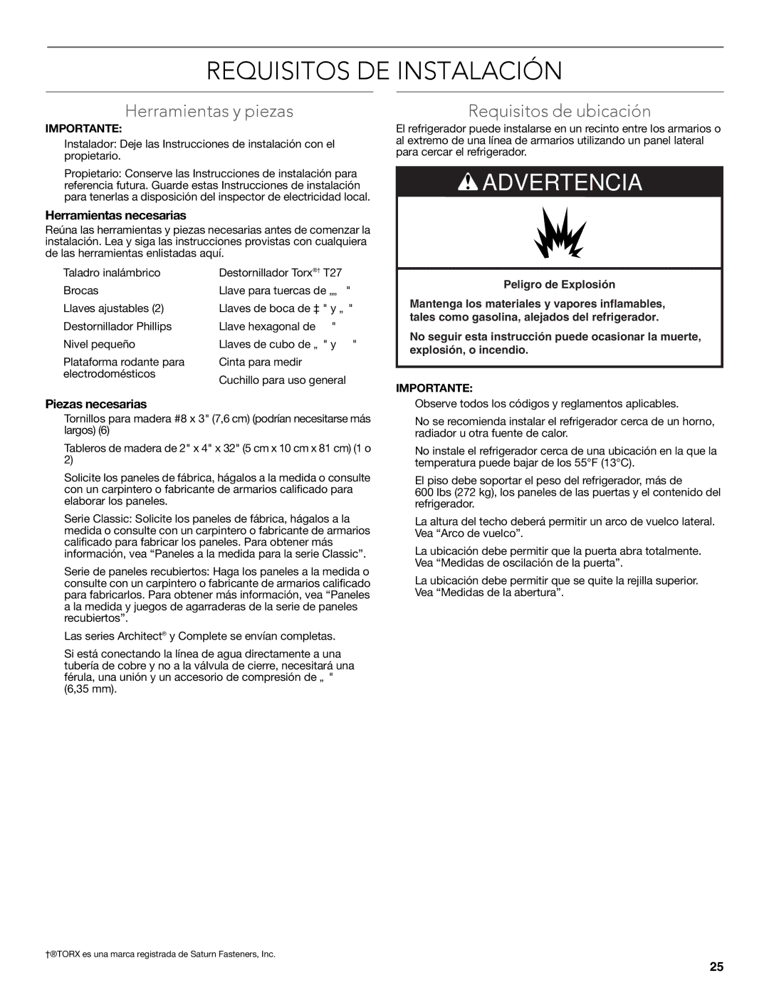 KitchenAid W10681447A Requisitos DE Instalación, Herramientas y piezas, Requisitos de ubicación, Herramientas necesarias 