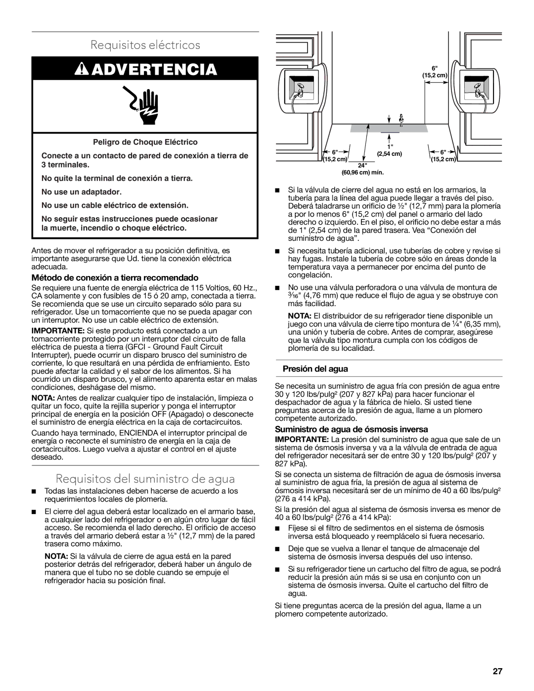 KitchenAid W10681447A Requisitos eléctricos, Requisitos del suministro de agua, Método de conexión a tierra recomendado 