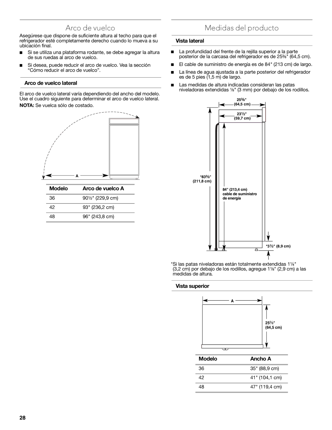 KitchenAid W10681447A manual Arco de vuelco, Medidas del producto 