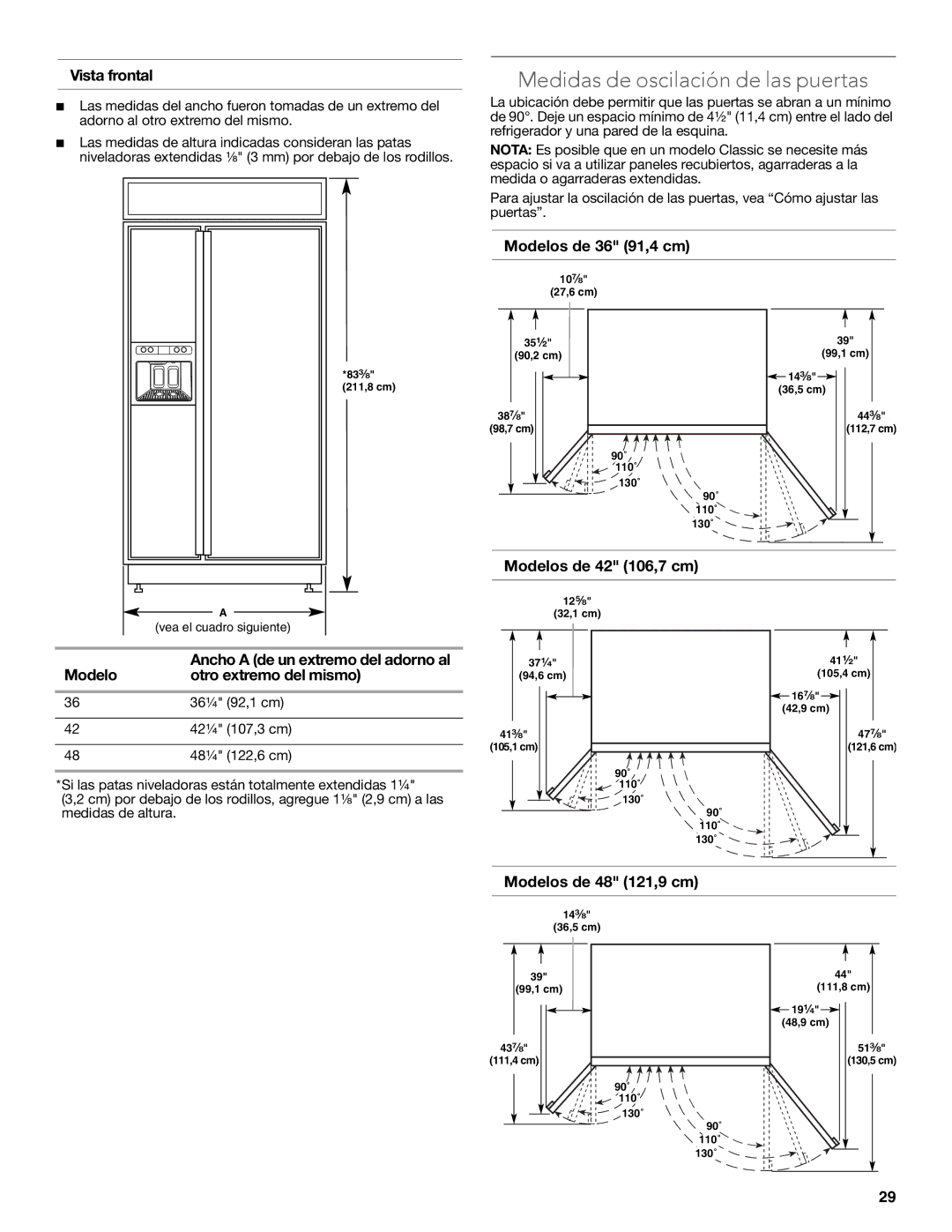 KitchenAid W10681447A manual Medidas de oscilación de las puertas 