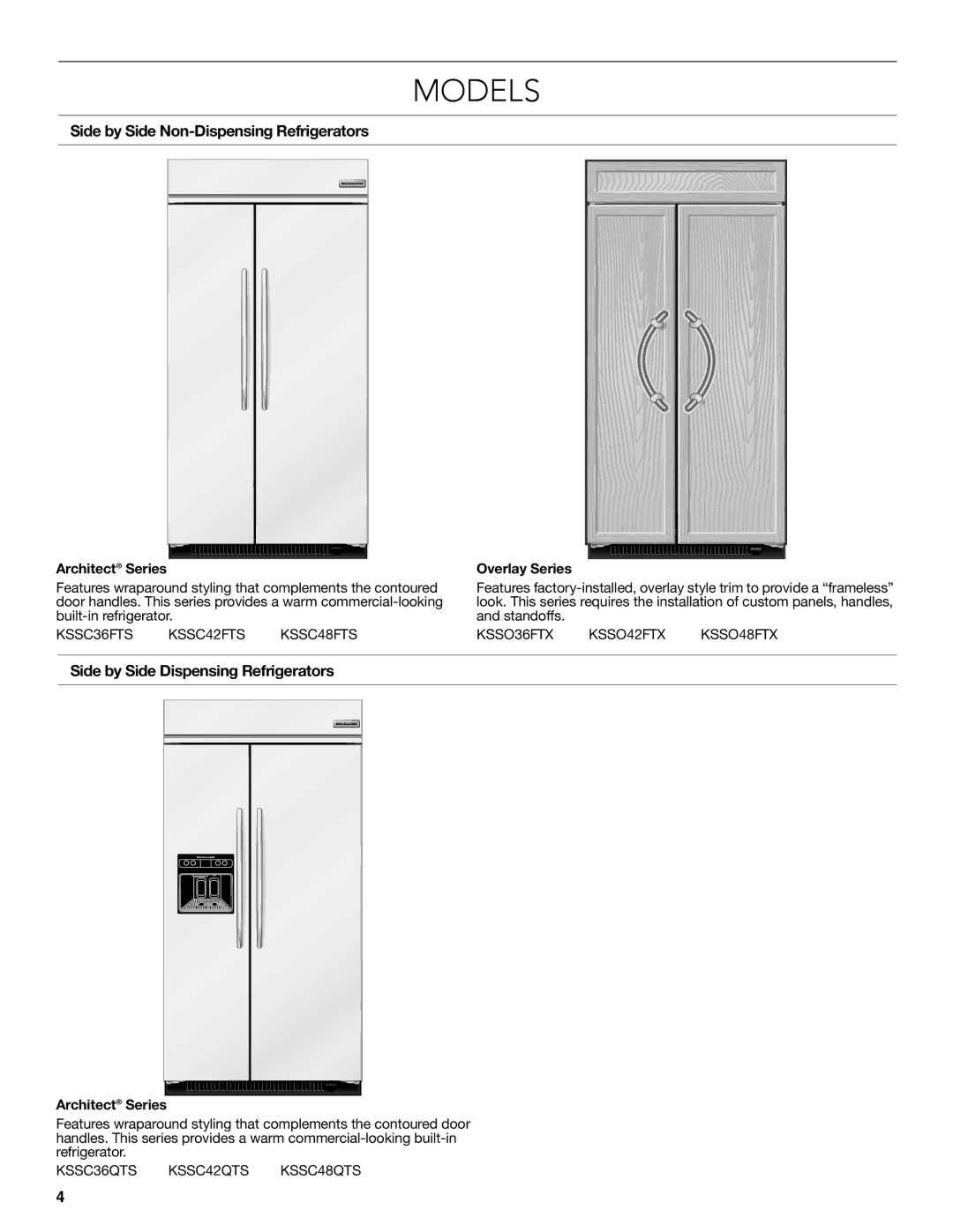 KitchenAid W10681447A manual Models, Side by Side Non-Dispensing Refrigerators, Side by Side Dispensing Refrigerators 