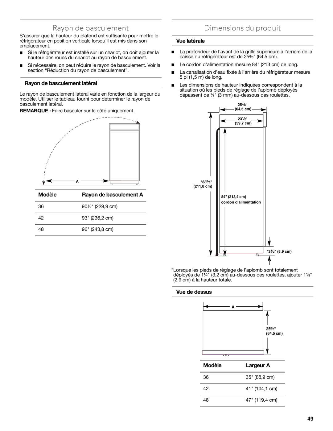 KitchenAid W10681447A manual Rayon de basculement, Dimensions du produit 