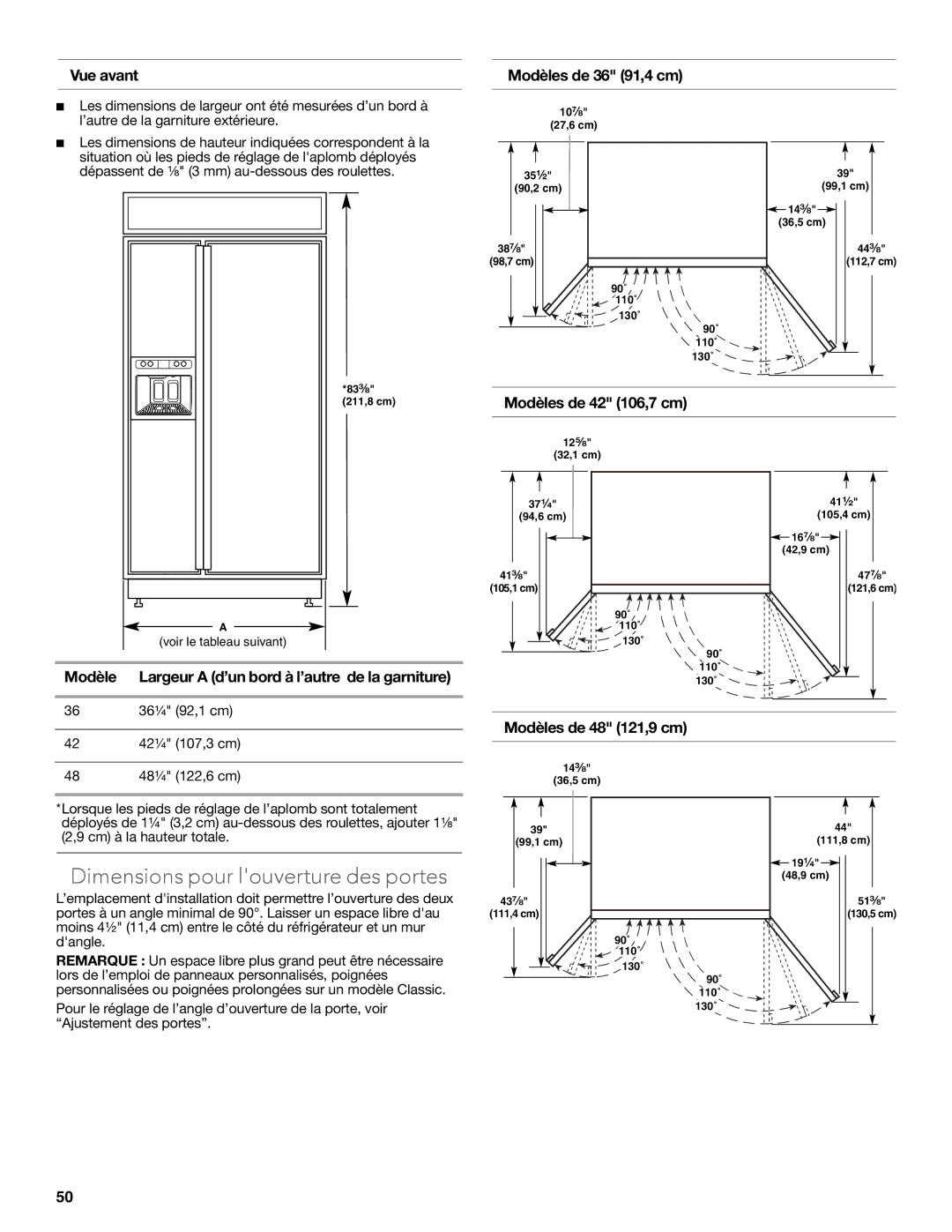 KitchenAid W10681447A manual Dimensions pour louverture des portes, Vue avant Modèles de 36 91,4 cm, Modèles de 42 106,7 cm 