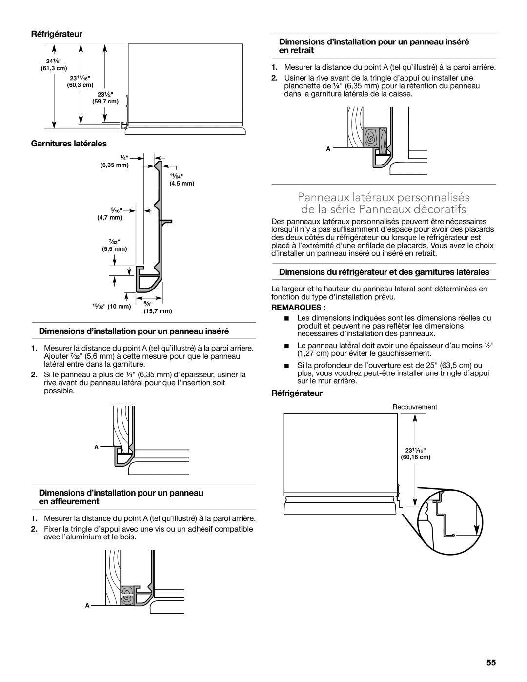 KitchenAid W10681447A Réfrigérateur, Garnitures latérales, Dimensions d’installation pour un panneau inséré en retrait 