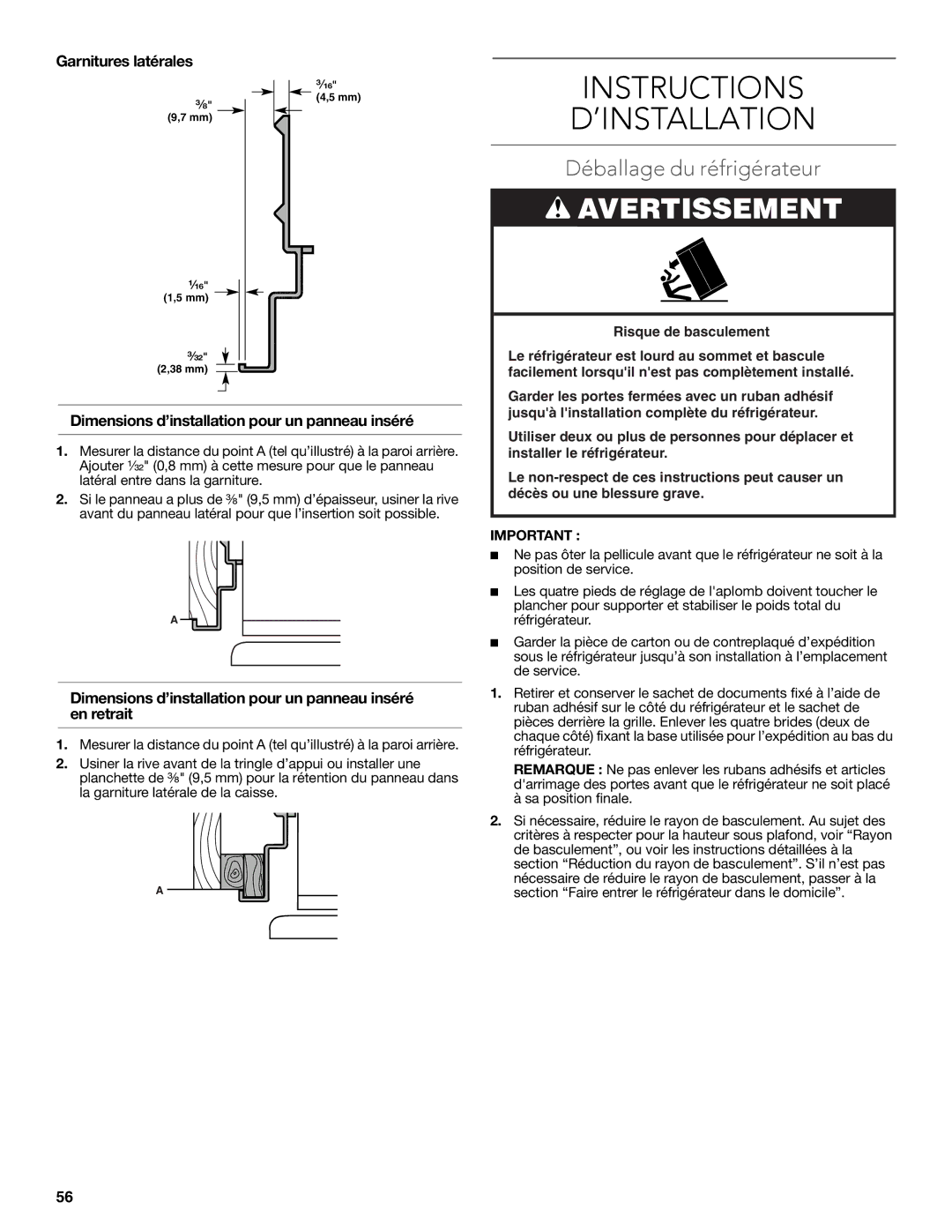 KitchenAid W10681447A manual Instructions ’INSTALLATION, Déballage du réfrigérateur 