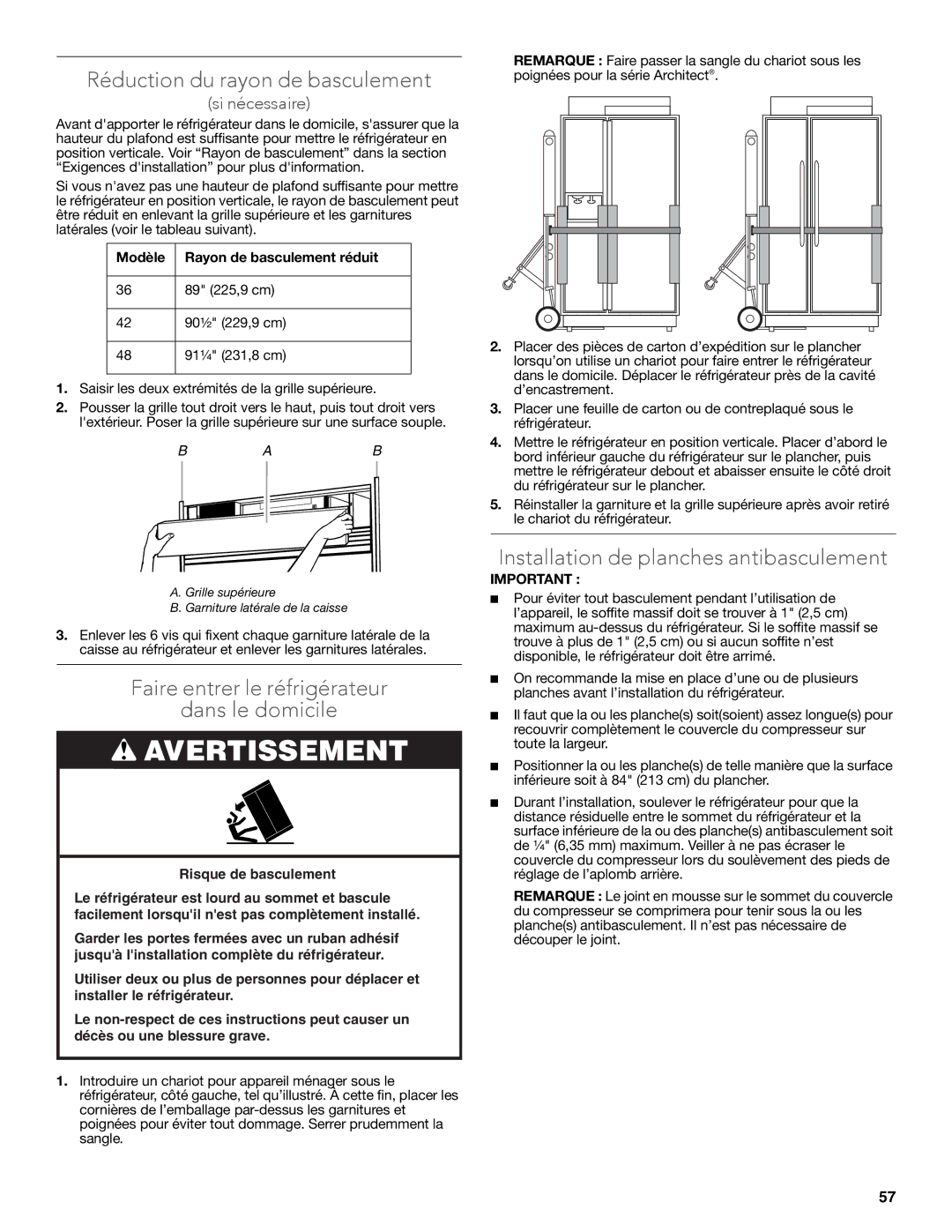 KitchenAid W10681447A manual Réduction du rayon de basculement, Faire entrer le réfrigérateur Dans le domicile 