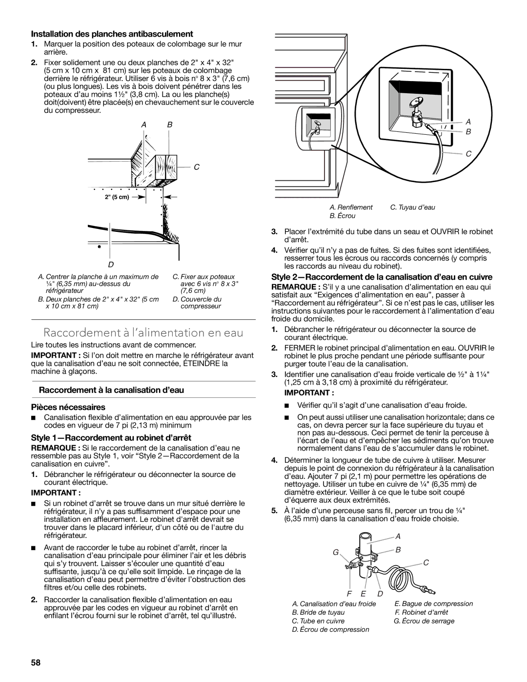 KitchenAid W10681447A manual Raccordement à l’alimentation en eau, Installation des planches antibasculement 