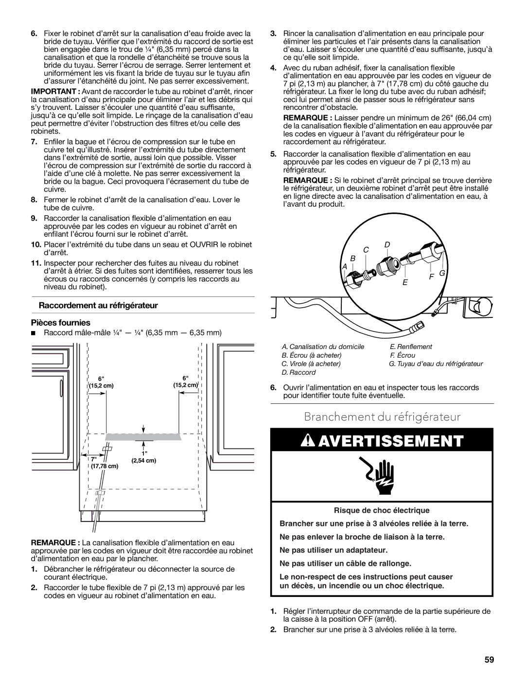 KitchenAid W10681447A manual Branchement du réfrigérateur, Raccordement au réfrigérateur Pièces fournies 