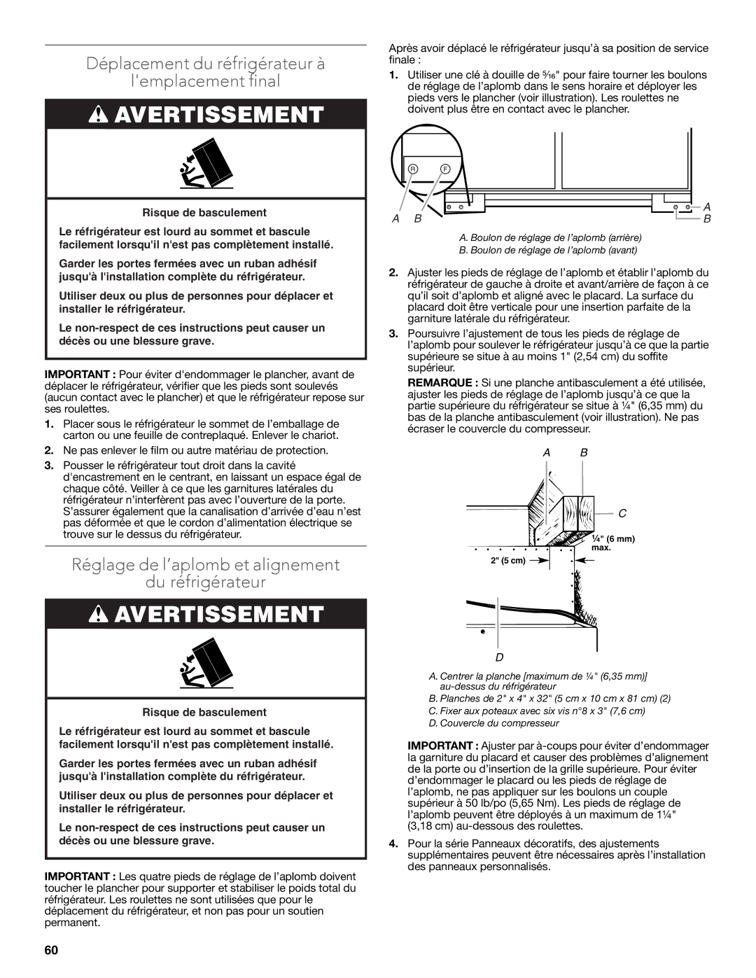 KitchenAid W10681447A manual Déplacement du réfrigérateur à Lemplacement final 