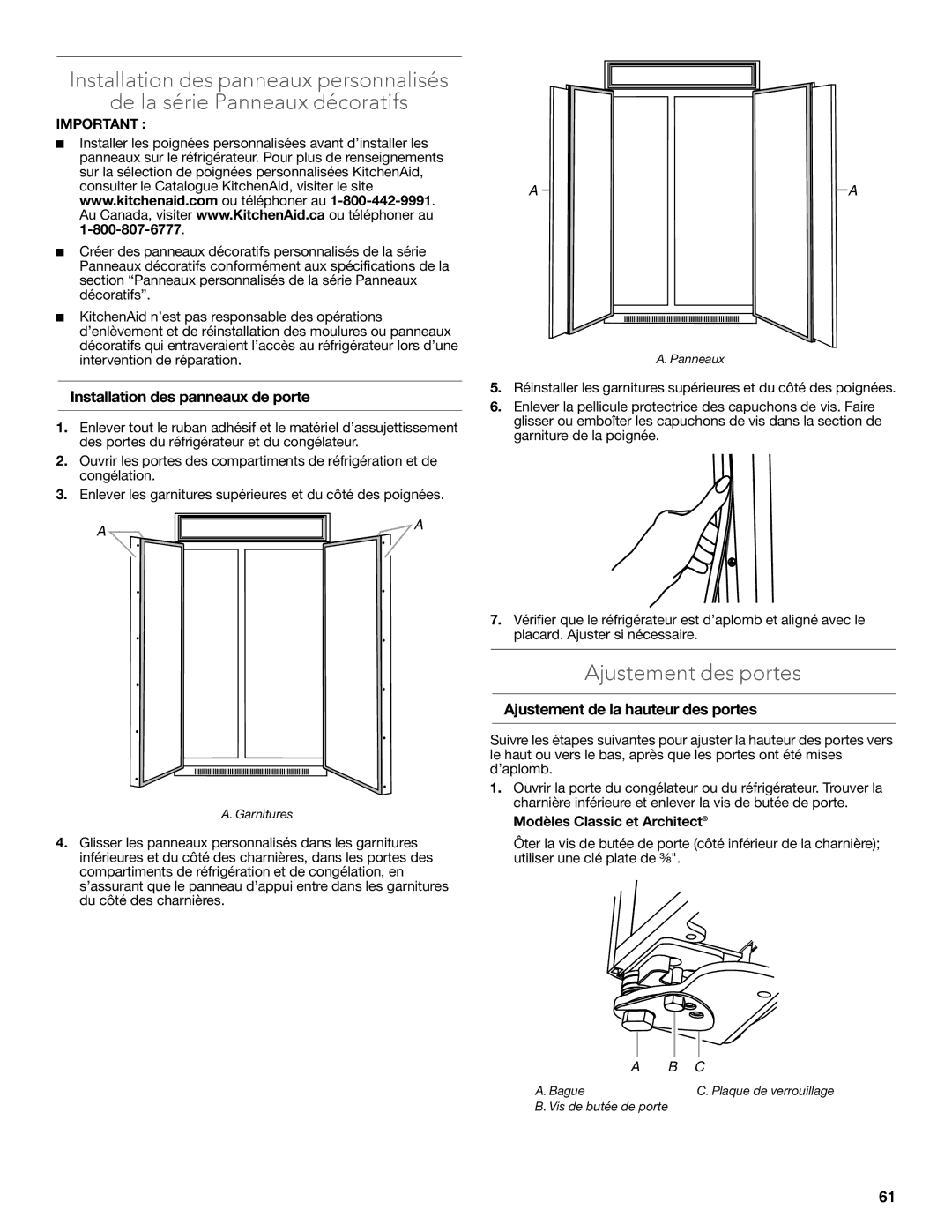 KitchenAid W10681447A manual Ajustement des portes, Installation des panneaux de porte, Ajustement de la hauteur des portes 