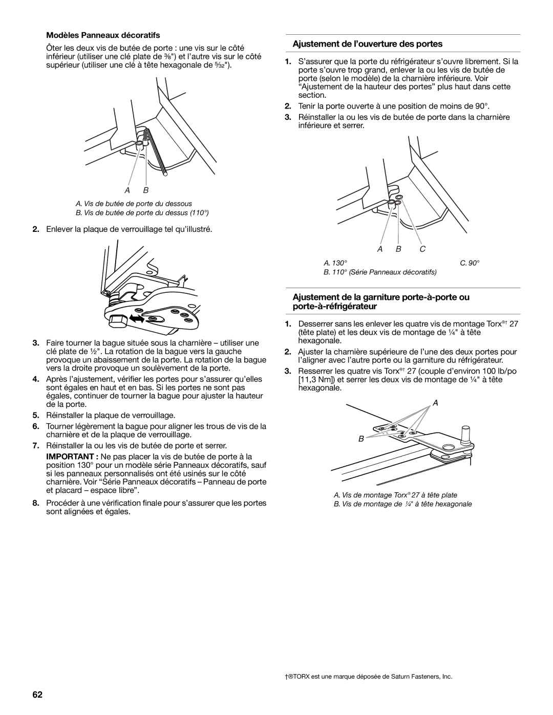 KitchenAid W10681447A manual Ajustement de l’ouverture des portes, Modèles Panneaux décoratifs 