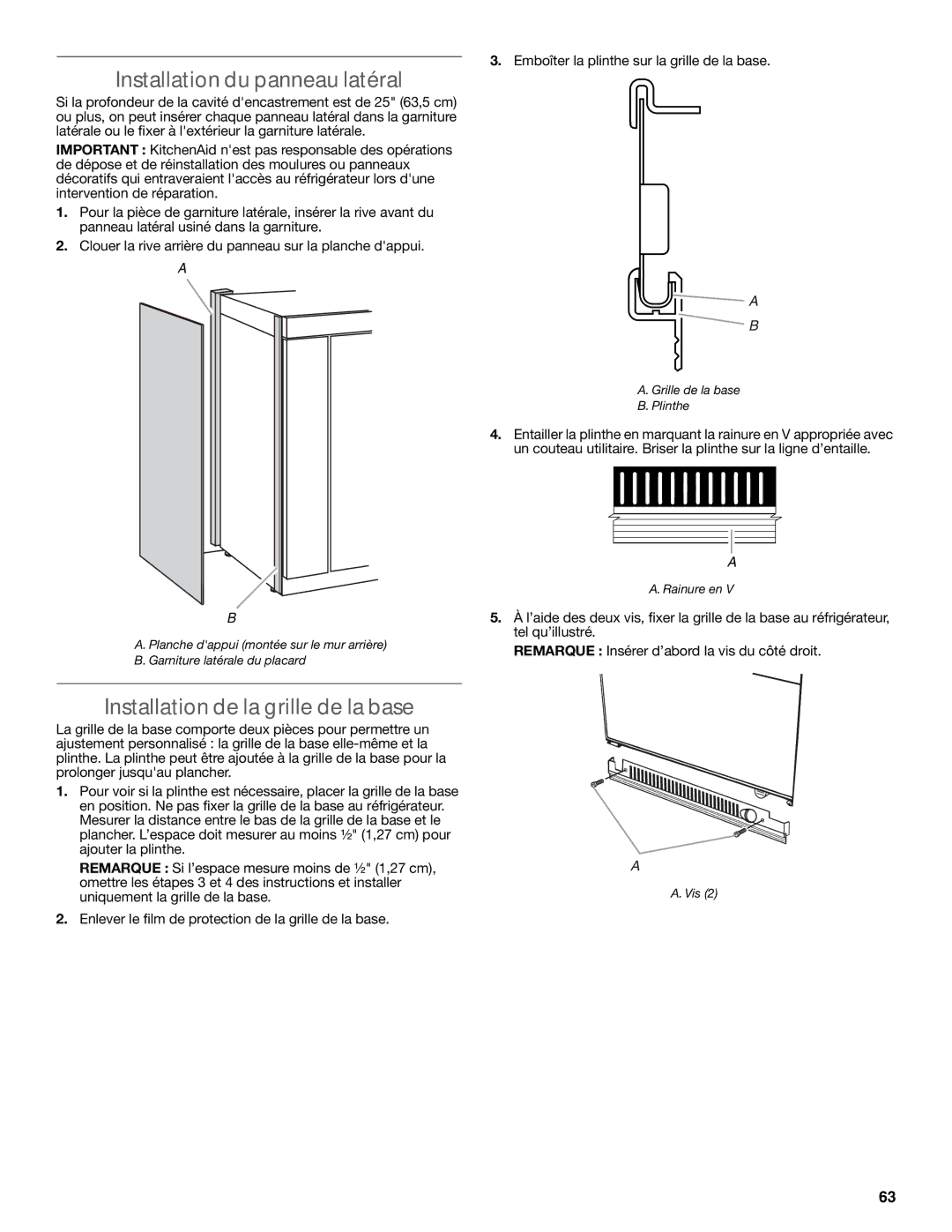 KitchenAid W10681447A manual Installation du panneau latéral, Installation de la grille de la base 