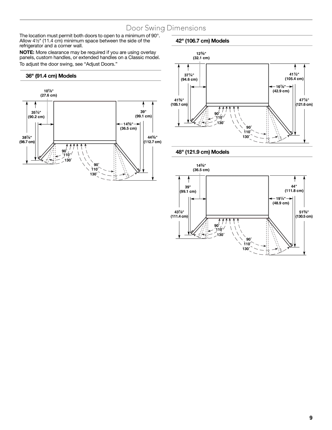 KitchenAid W10681447A manual Door Swing Dimensions, 36 91.4 cm Models, 42 106.7 cm Models, 48 121.9 cm Models 