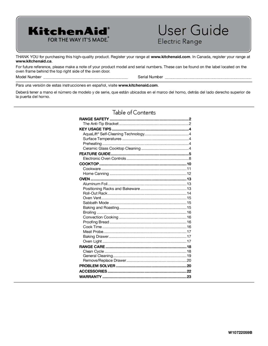 KitchenAid W10722059B warranty User Guide, Table of Contents 