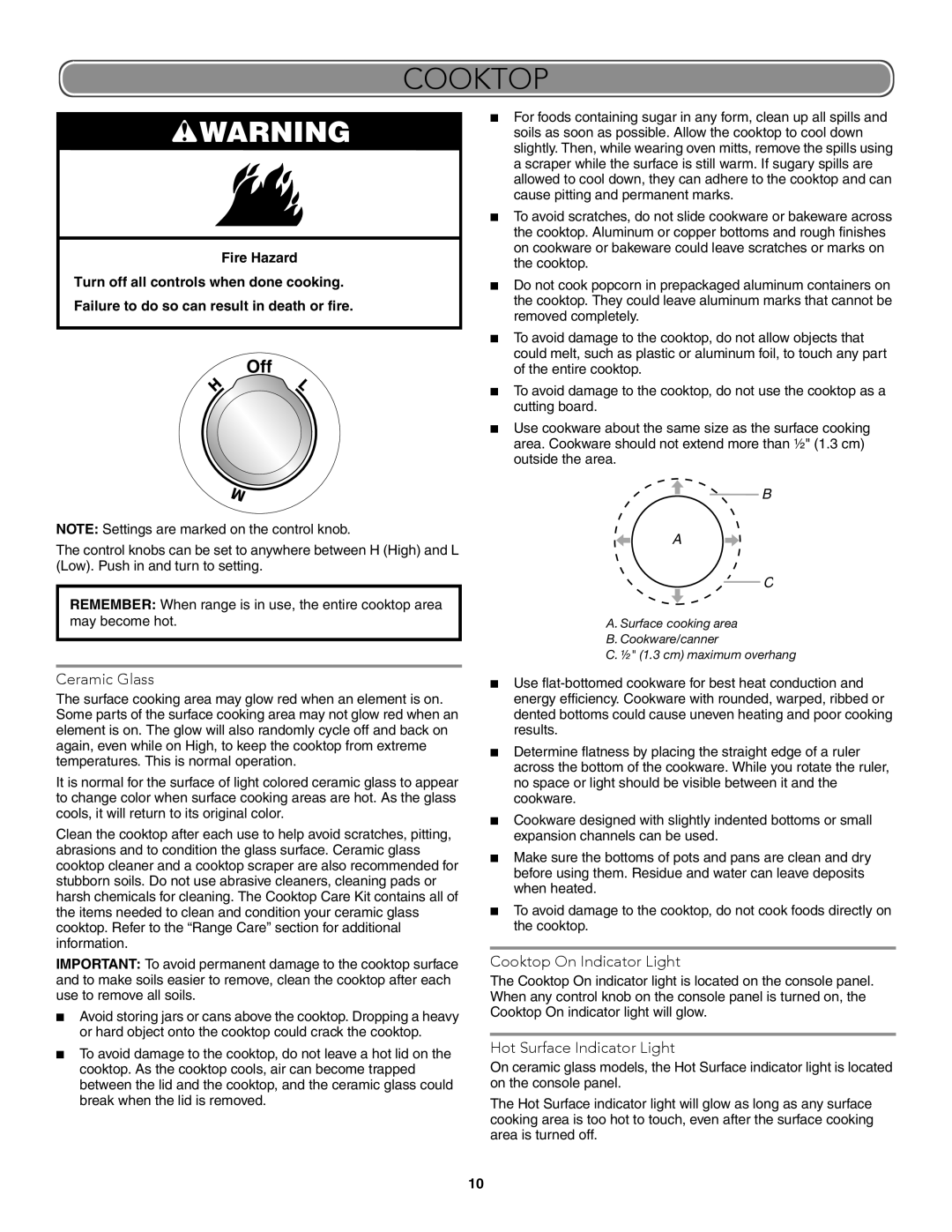 KitchenAid W10722059B warranty Ceramic Glass, Cooktop On Indicator Light, Hot Surface Indicator Light 