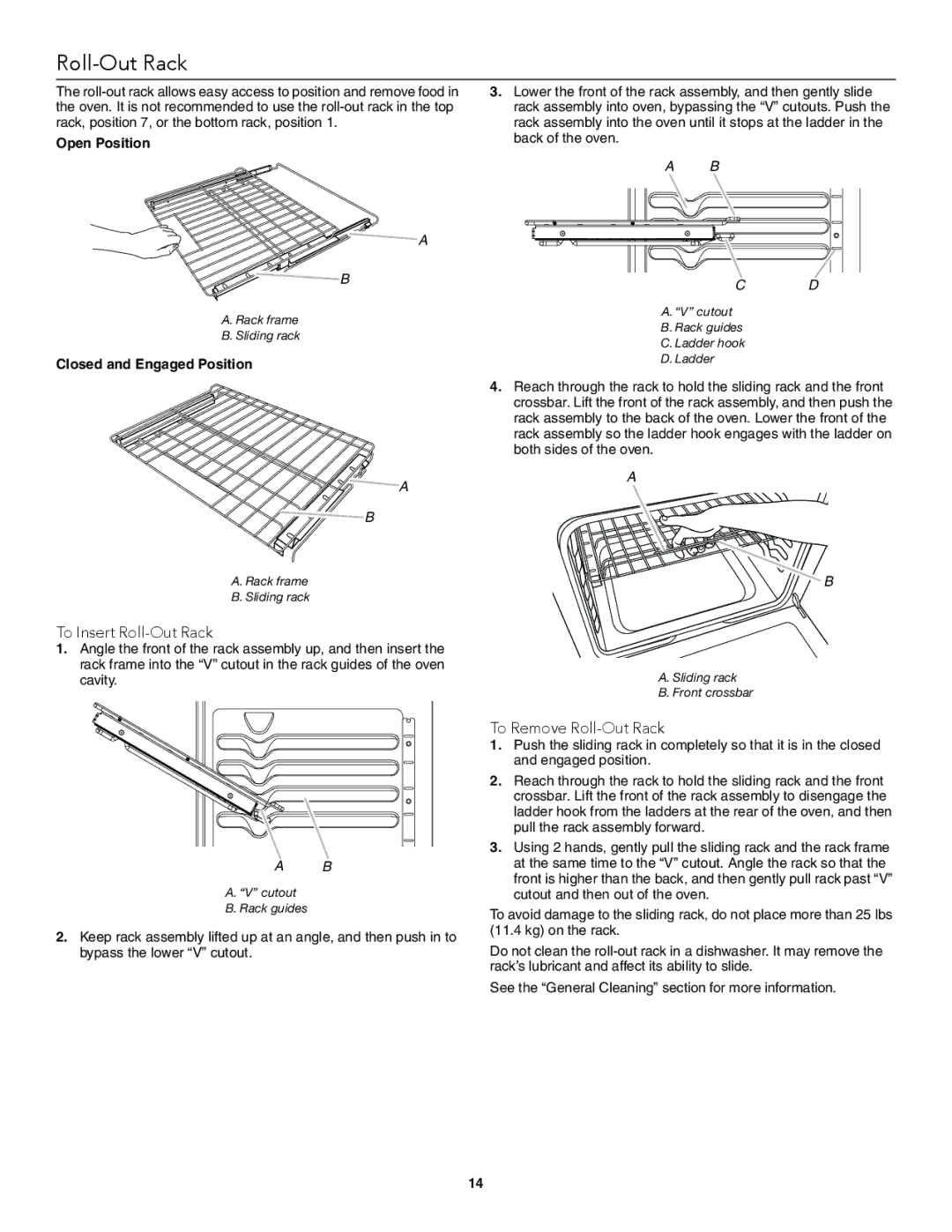 KitchenAid W10722059B To Insert Roll-Out Rack, To Remove Roll-Out Rack, Open Position, Closed and Engaged Position 