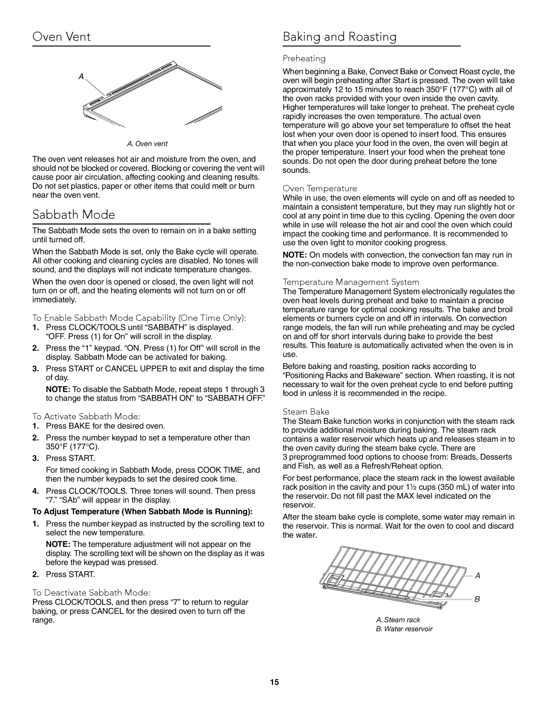 KitchenAid W10722059B warranty Oven Vent, Sabbath Mode, Baking and Roasting 