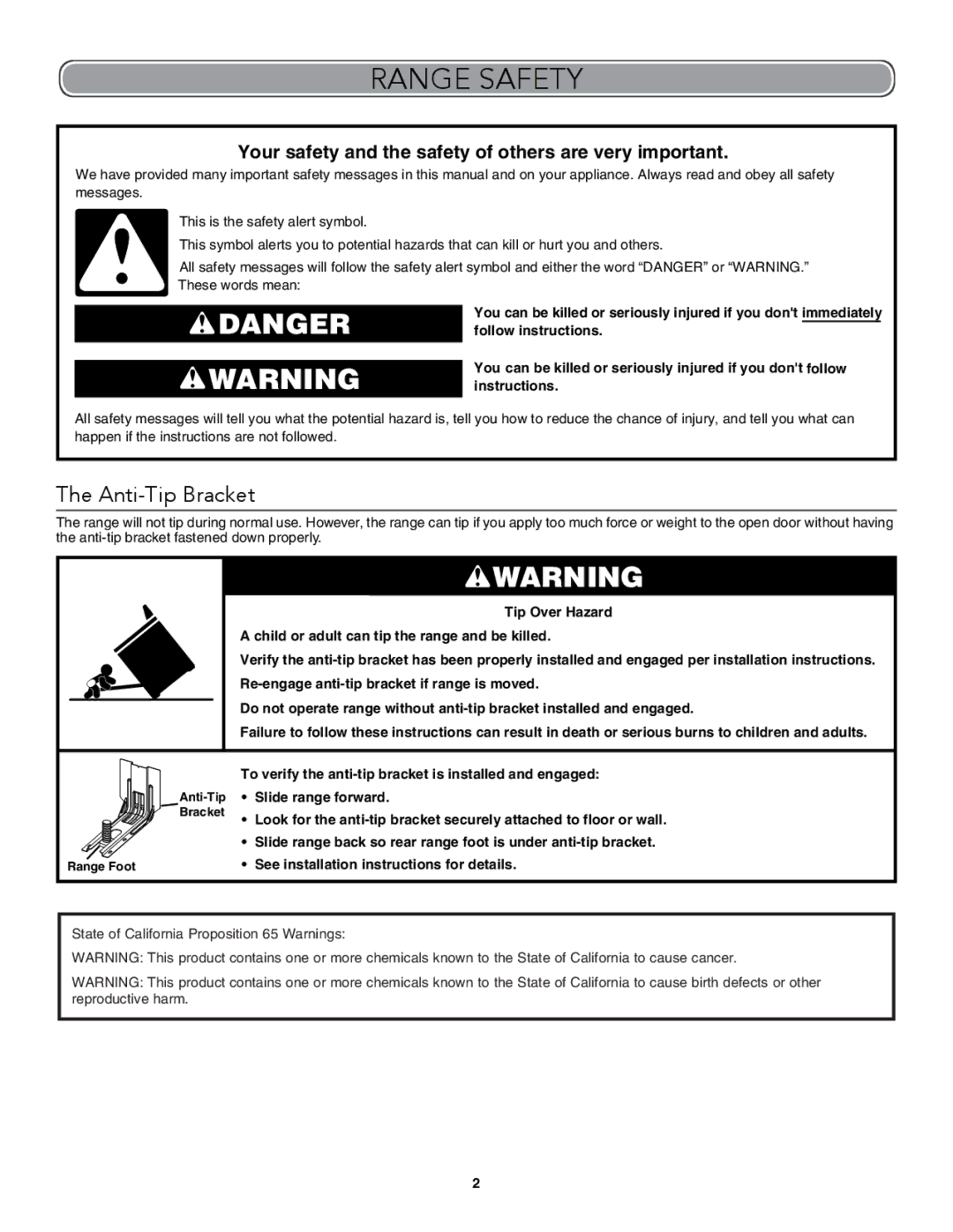 KitchenAid W10722059B warranty Range Safety, Anti-Tip Bracket 