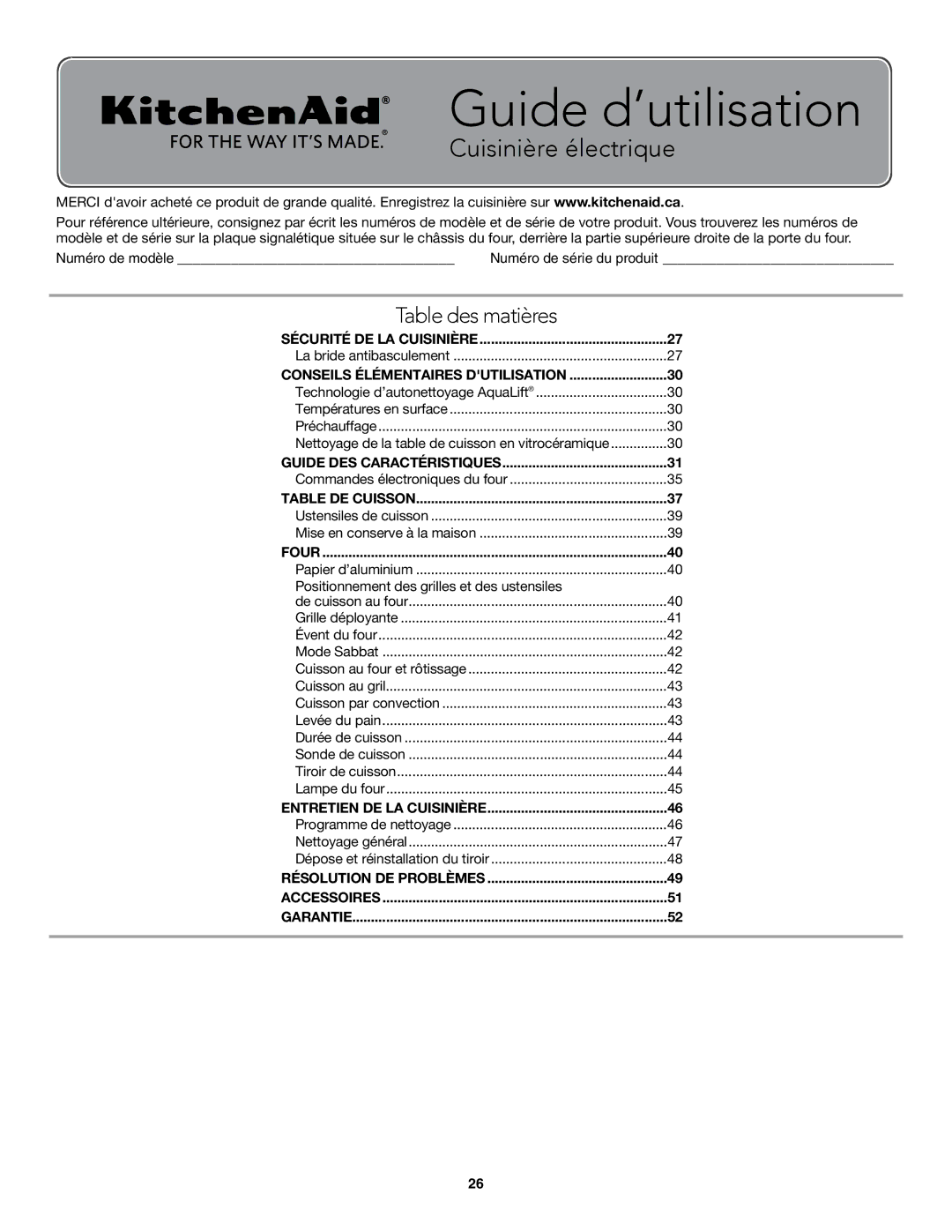 KitchenAid W10722059B warranty Guide d’utilisation, Table des matières 