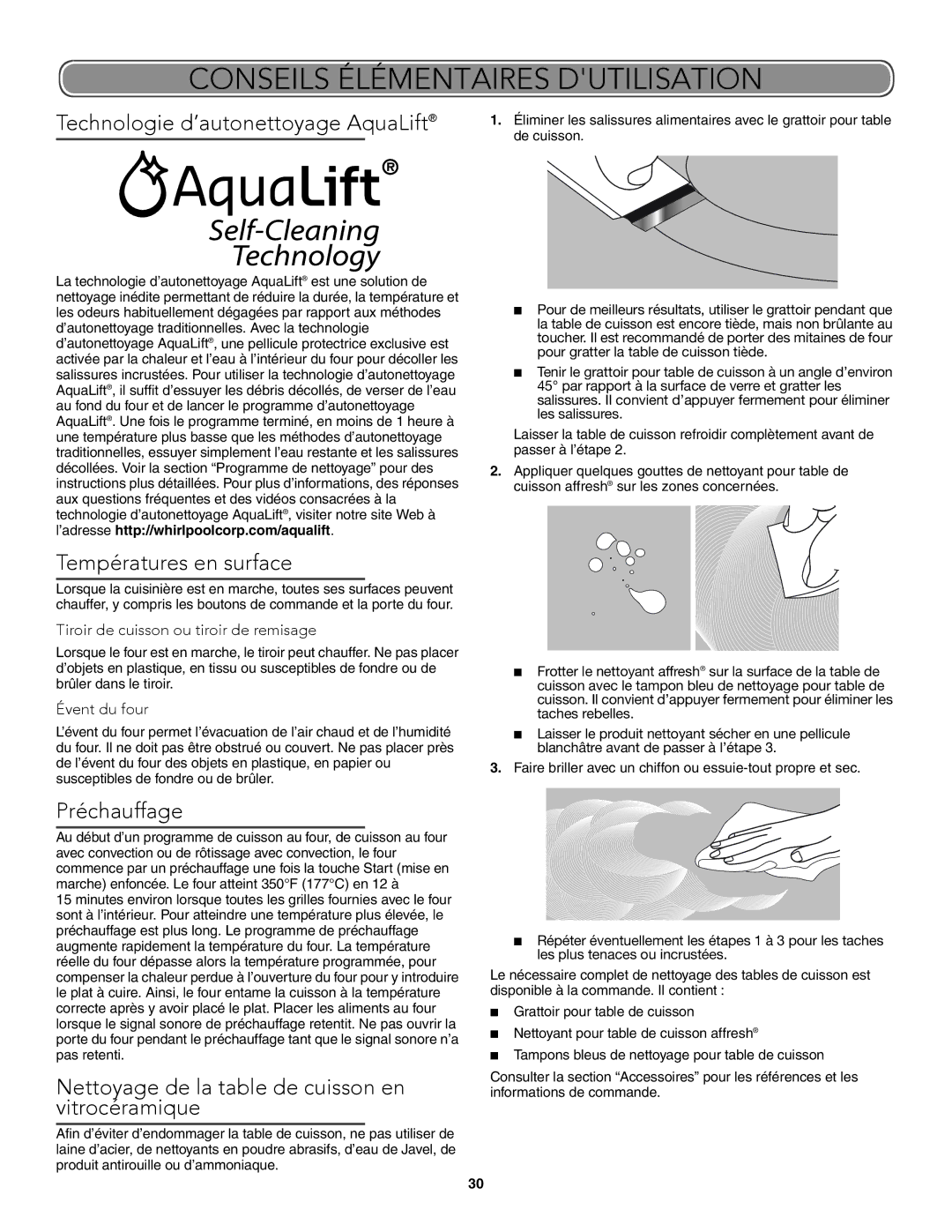 KitchenAid W10722059B Conseils Élémentaires Dutilisation, Préchauffage, Nettoyage de la table de cuisson en vitrocéramique 