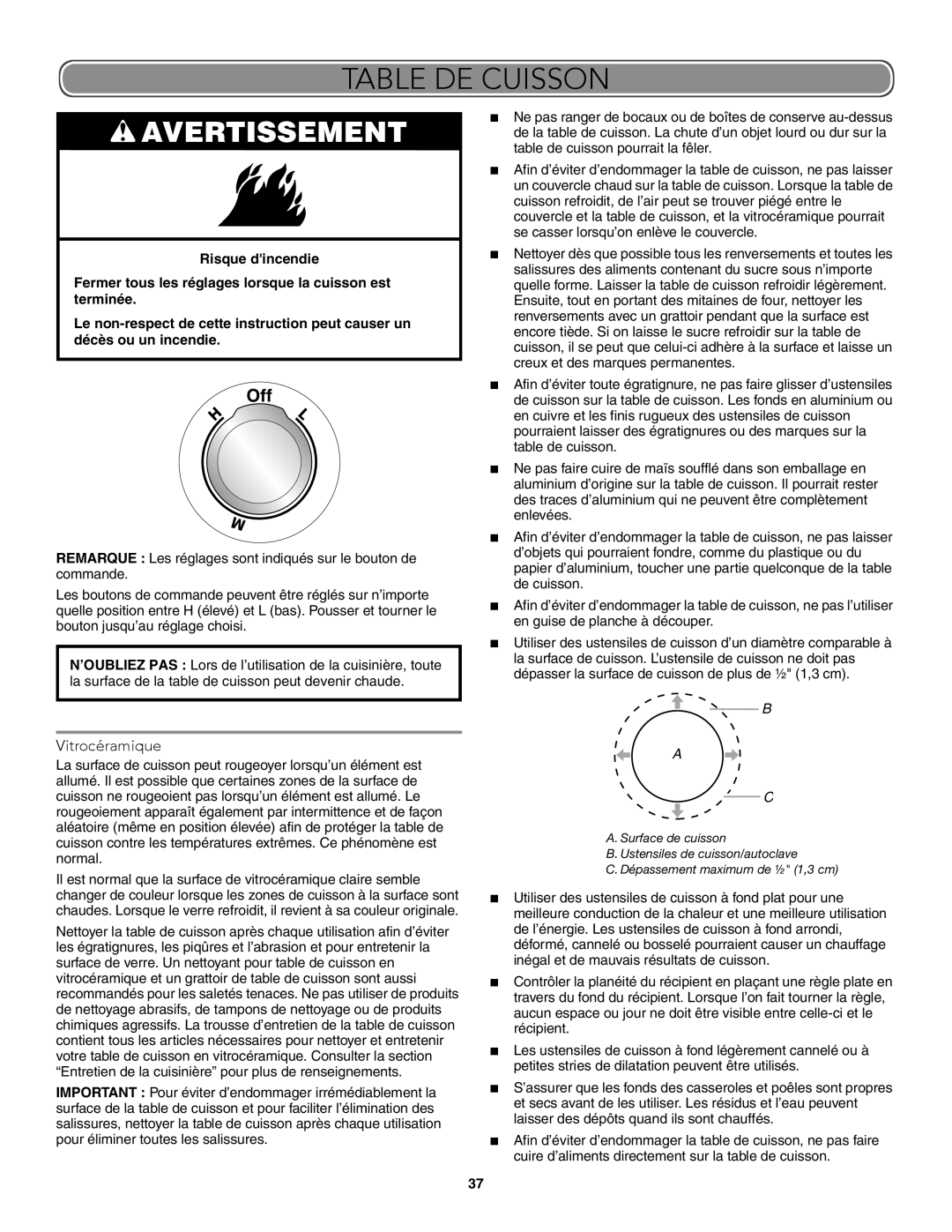 KitchenAid W10722059B warranty Table DE Cuisson, Vitrocéramique 