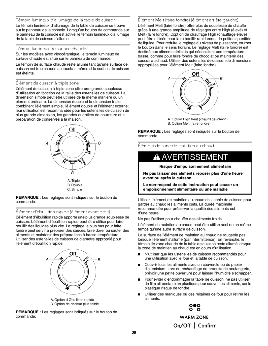 KitchenAid W10722059B warranty Témoin lumineux d’allumage de la table de cuisson, Témoin lumineux de surface chaude 