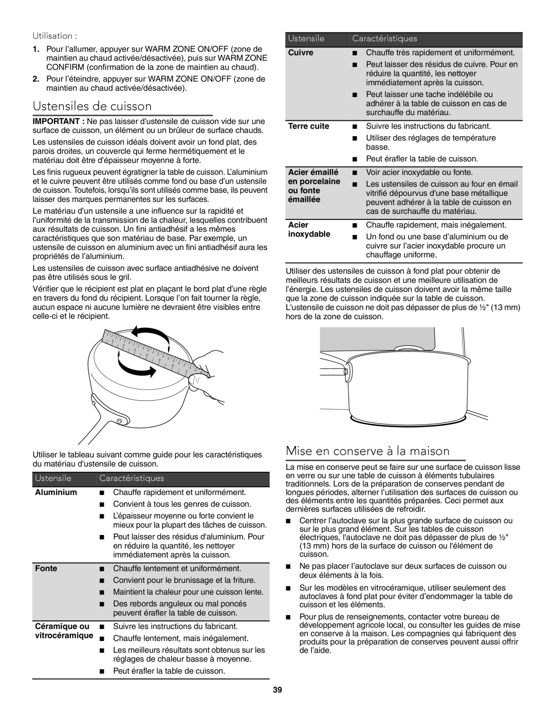 KitchenAid W10722059B warranty Ustensiles de cuisson, Mise en conserve à la maison, Utilisation 