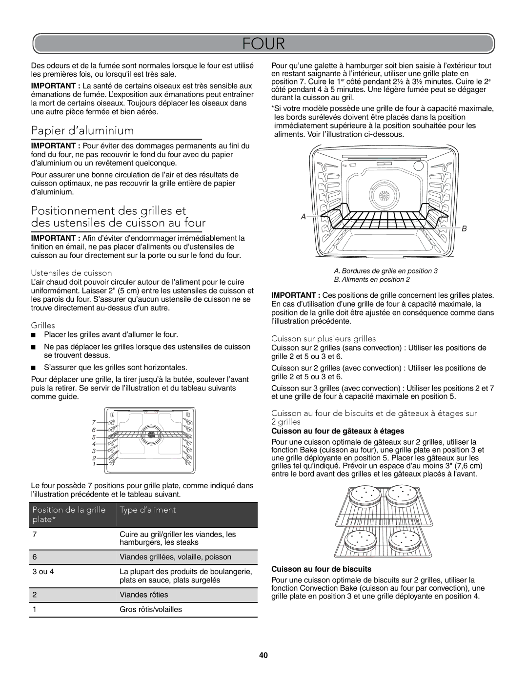 KitchenAid W10722059B warranty Four, Papier d’aluminium, Ustensiles de cuisson, Grilles, Cuisson sur plusieurs grilles 