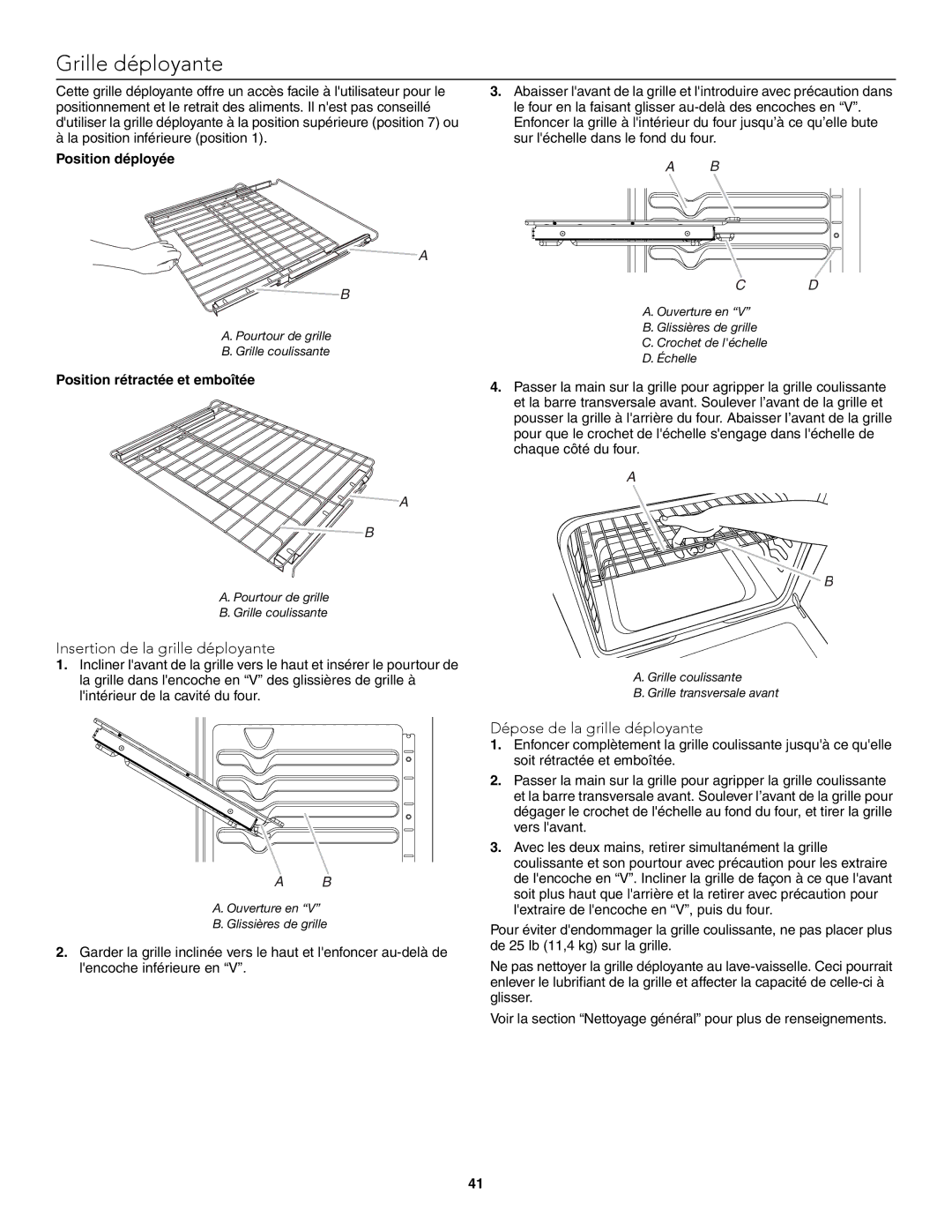 KitchenAid W10722059B warranty Grille déployante, Insertion de la grille déployante, Dépose de la grille déployante 