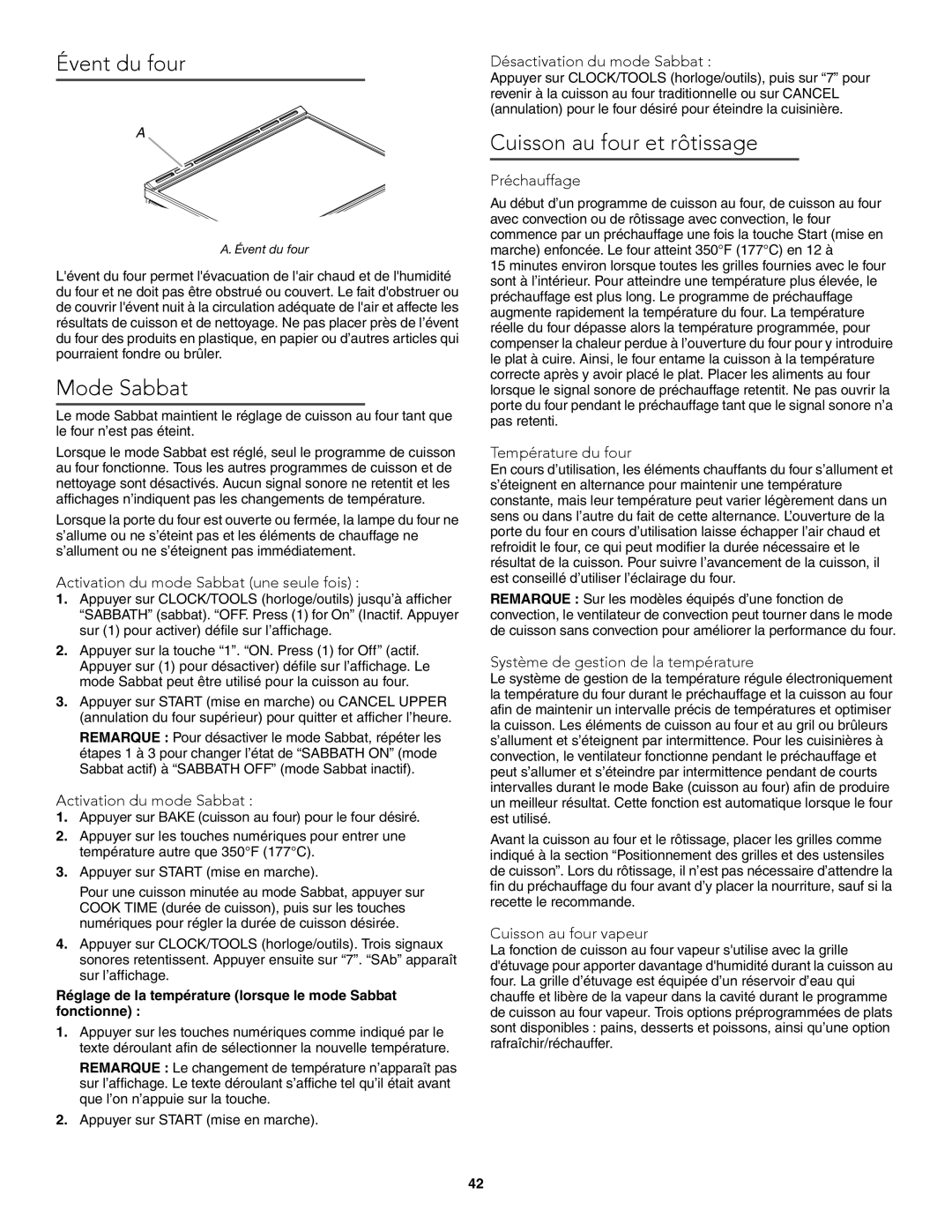 KitchenAid W10722059B warranty Évent du four, Mode Sabbat, Cuisson au four et rôtissage 