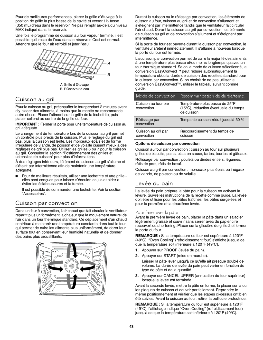 KitchenAid W10722059B warranty Cuisson au gril, Cuisson par convection, Levée du pain, Pour faire lever la pâte 