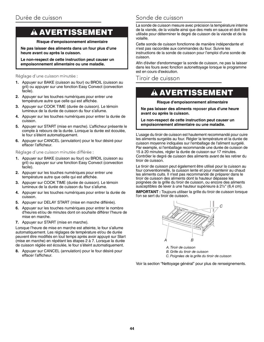 KitchenAid W10722059B warranty Durée de cuisson, Sonde de cuisson, Tiroir de cuisson, Réglage dune cuisson minutée 