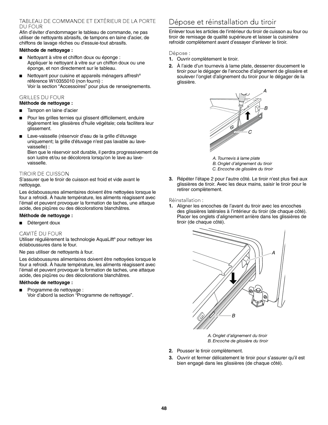 KitchenAid W10722059B warranty Dépose et réinstallation du tiroir, Réinstallation 