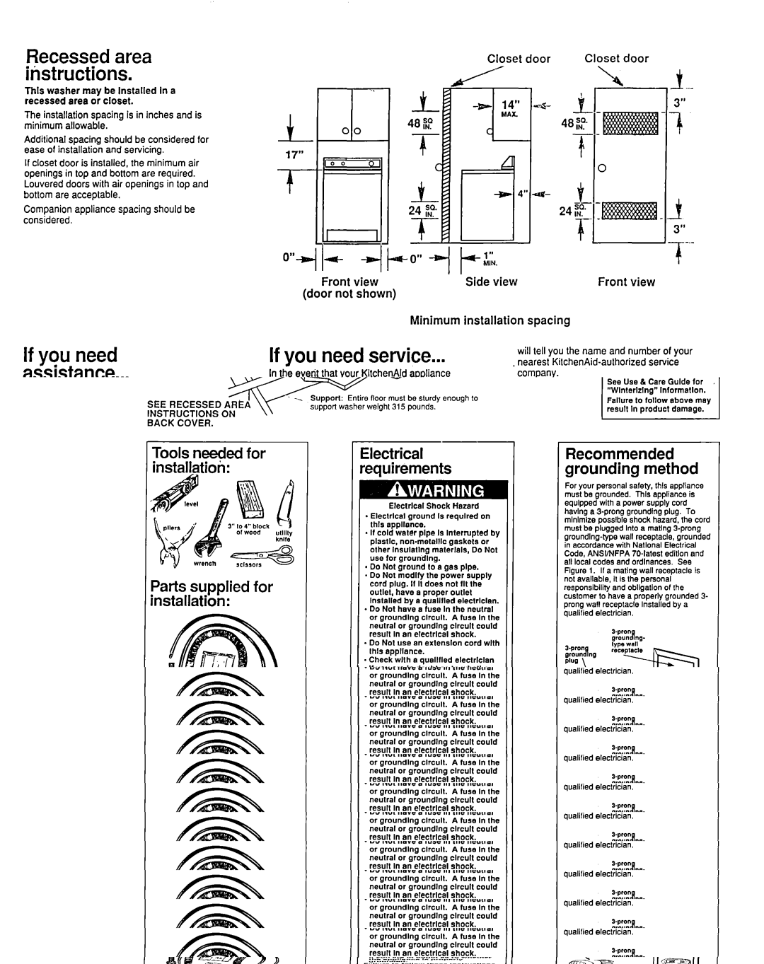 KitchenAid Washer installation instructions Recessed area iristructions, Prepared by KitchenAid@. St. Joseph. Michigan 