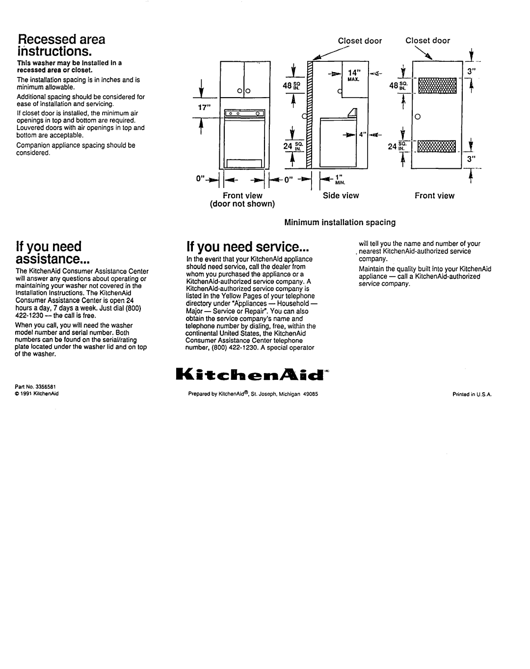 KitchenAid Washer installation instructions If you need assistance, If you need service, Recessed area iristructions 