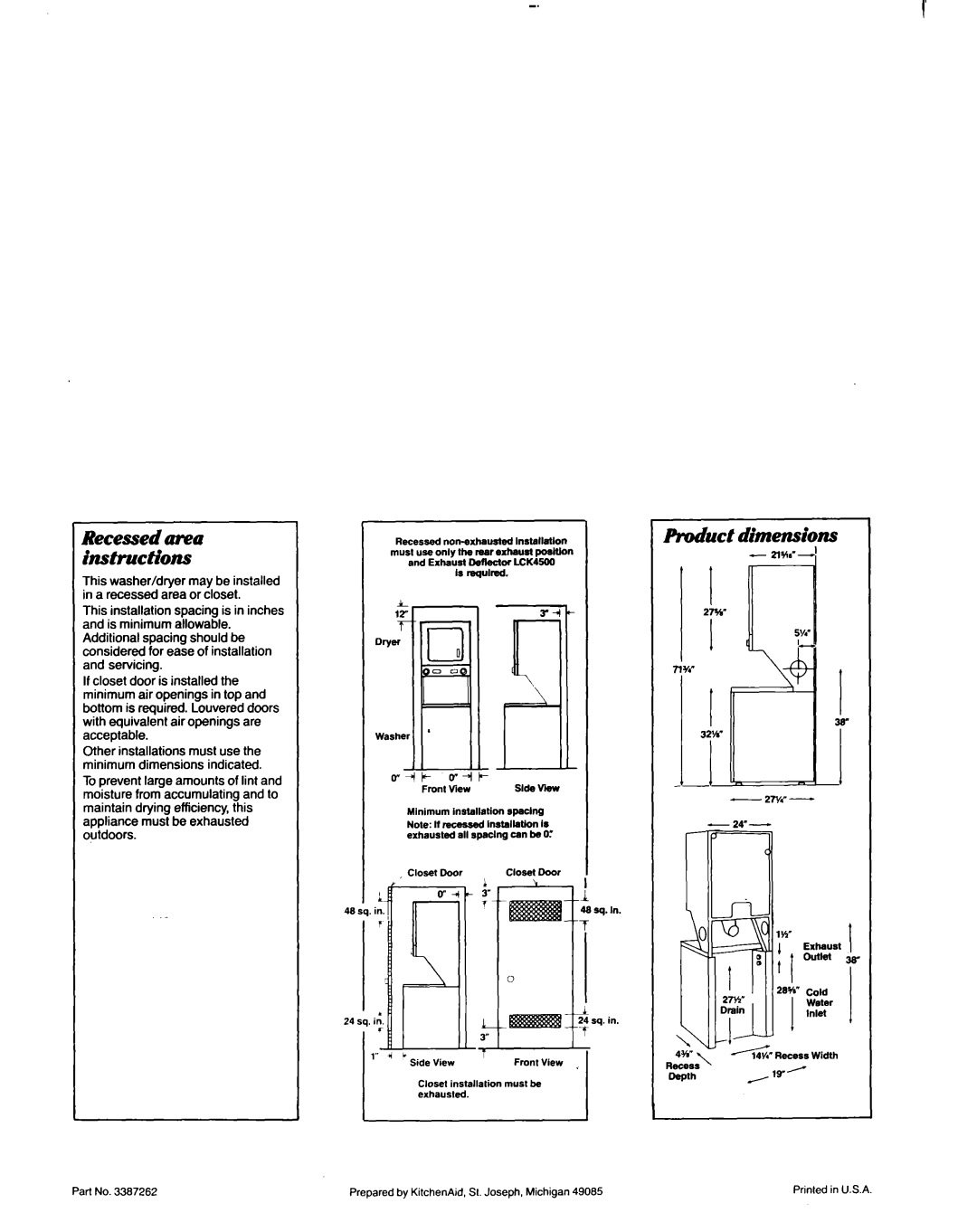 KitchenAid Washer/Dryer installation instructions Recessedarea hlstructions, Cold Wster Inlet Recess Width 